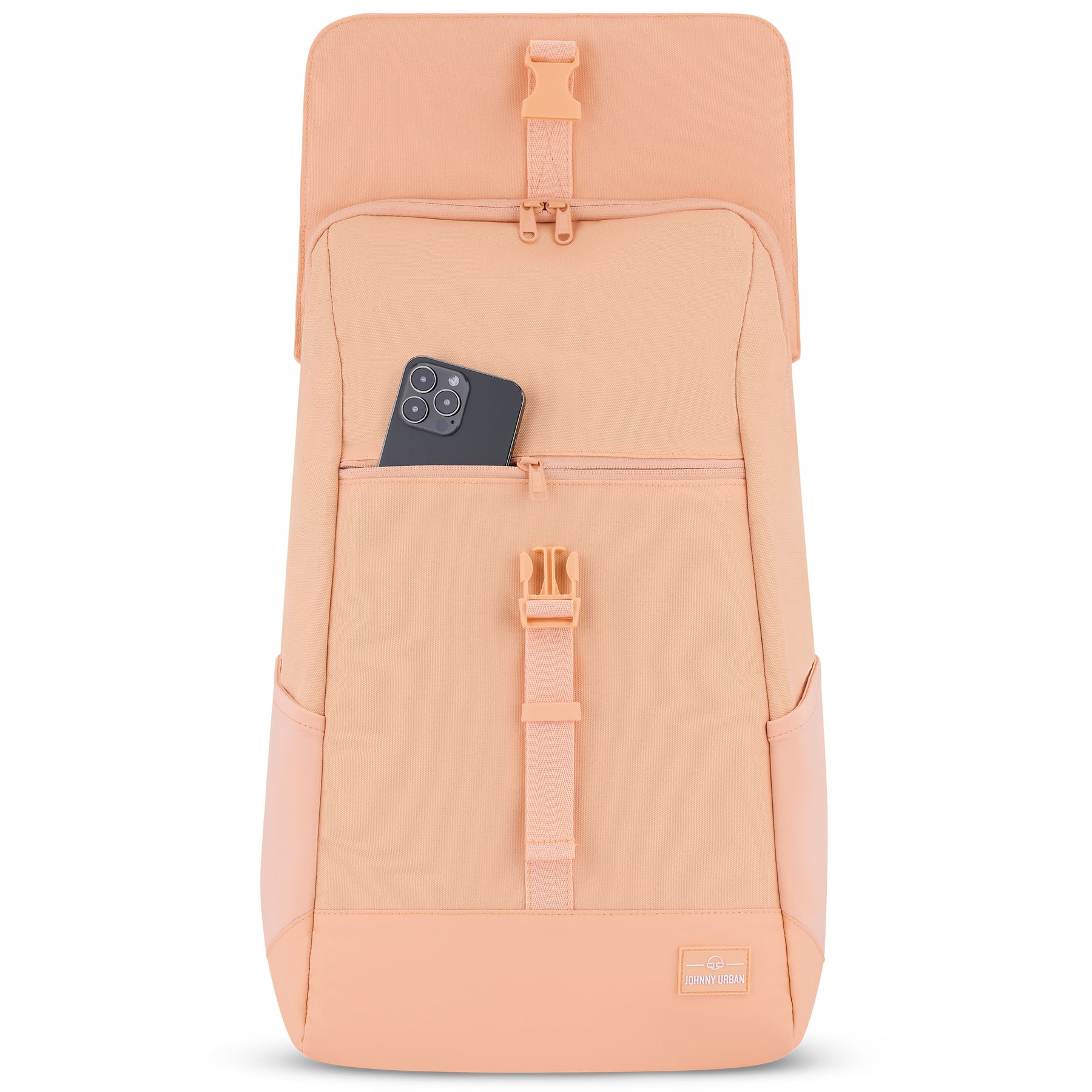 Peachfarbener Tagesrucksack Mika mit vorderer Reißverschlusstasche und schwarzem Smartphone