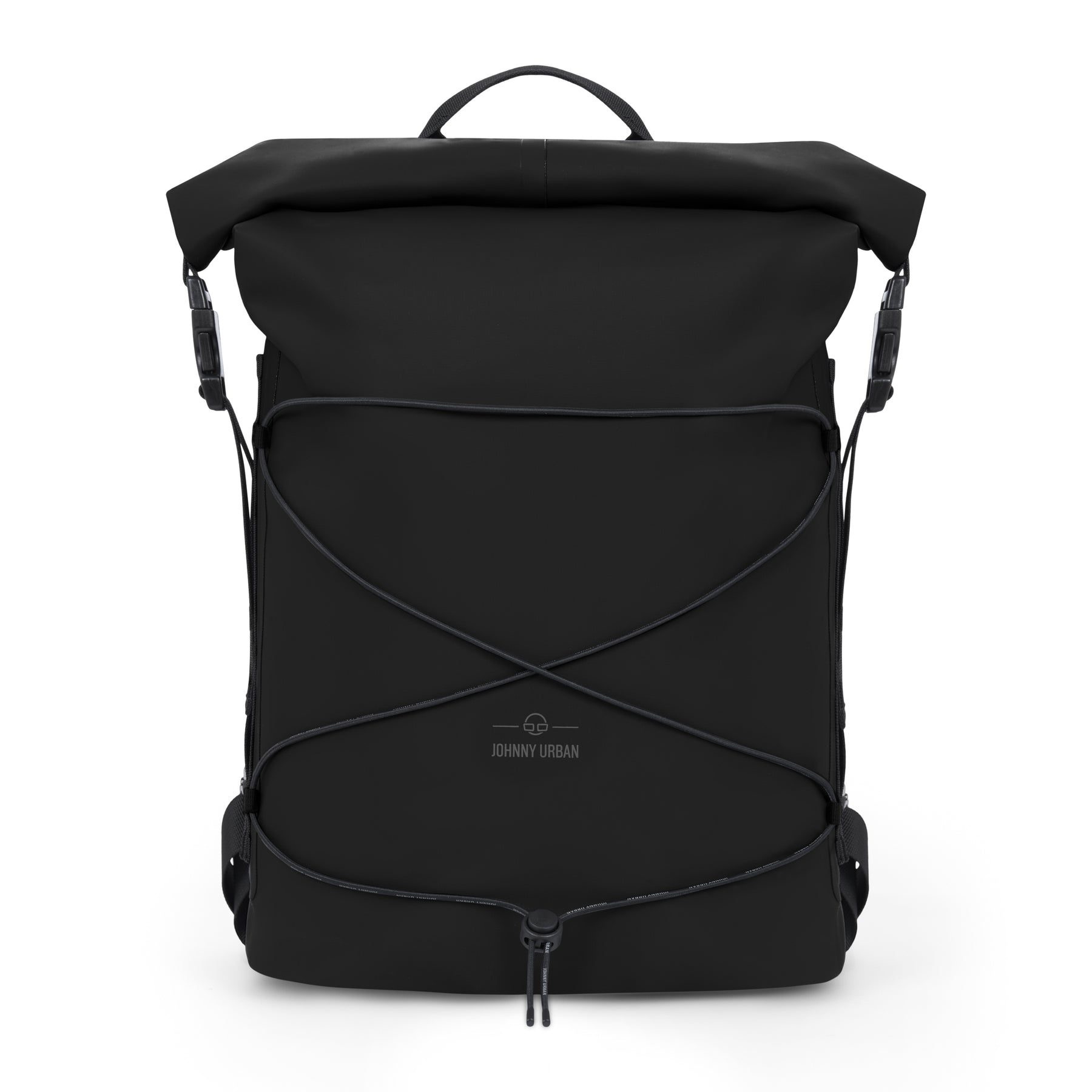 Schwarzer wasserfester Rolltop-Rucksack ‚Myles‘ von Johnny Urban mit elastischem Seil vorne