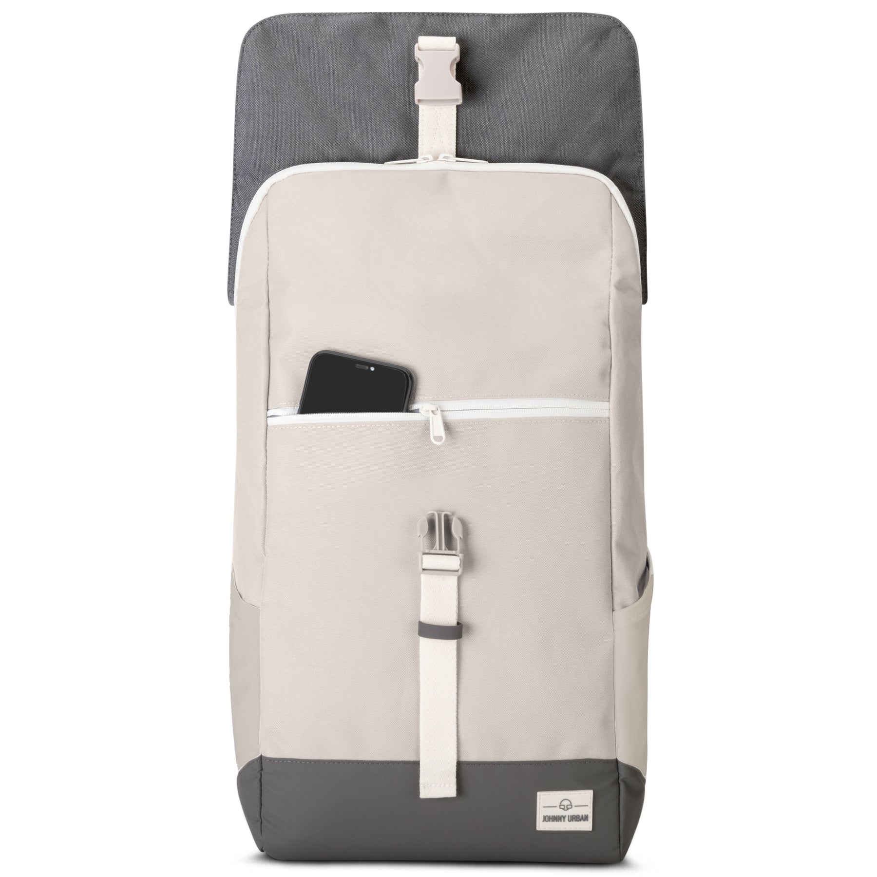 Beiger und grauer Tagesrucksack "Mika" mit Fronttasche und Smartphone