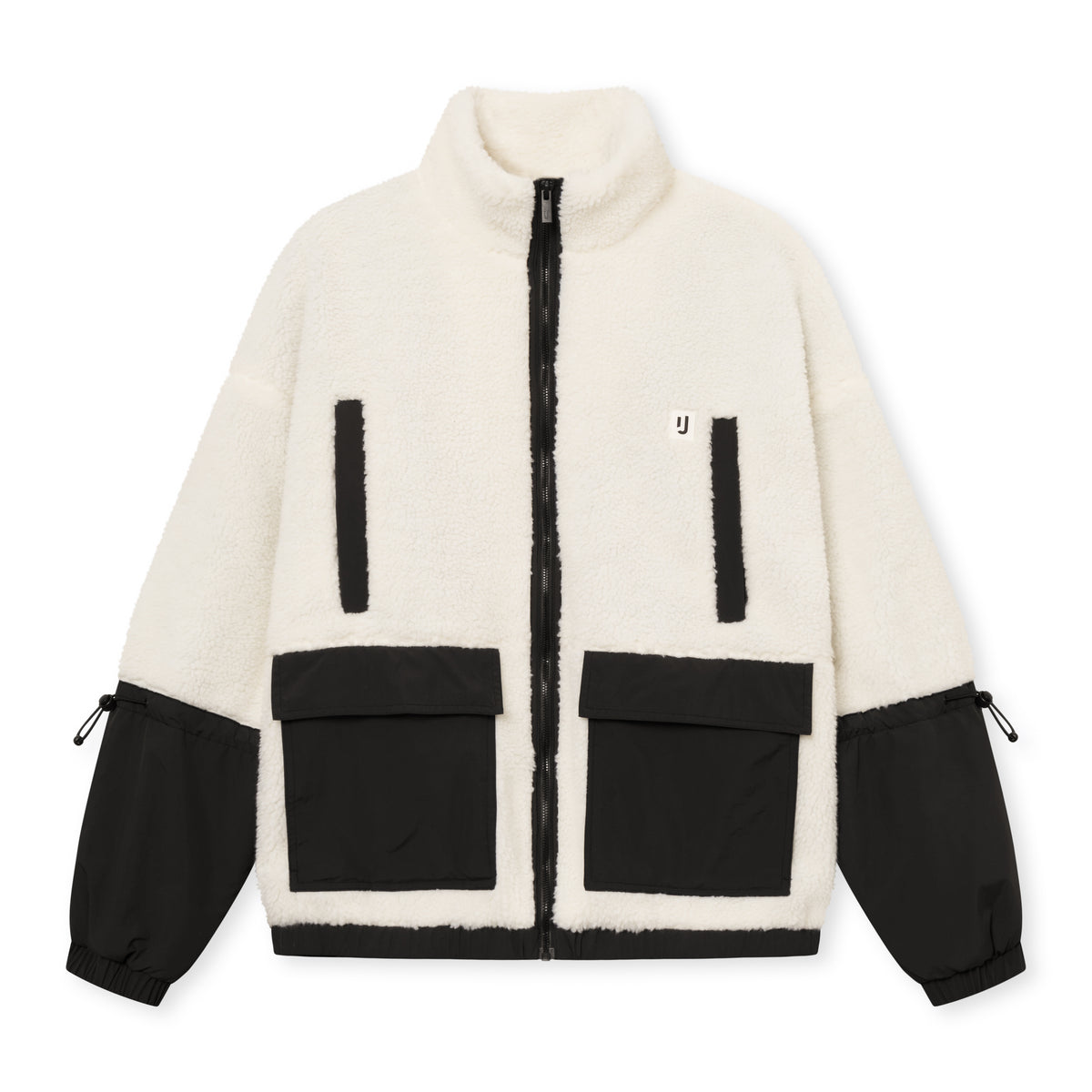 Teddy Fleecejacke 'Carson' in Creme mit schwarzen Taschen und Ärmeln, Reißverschluss vorne