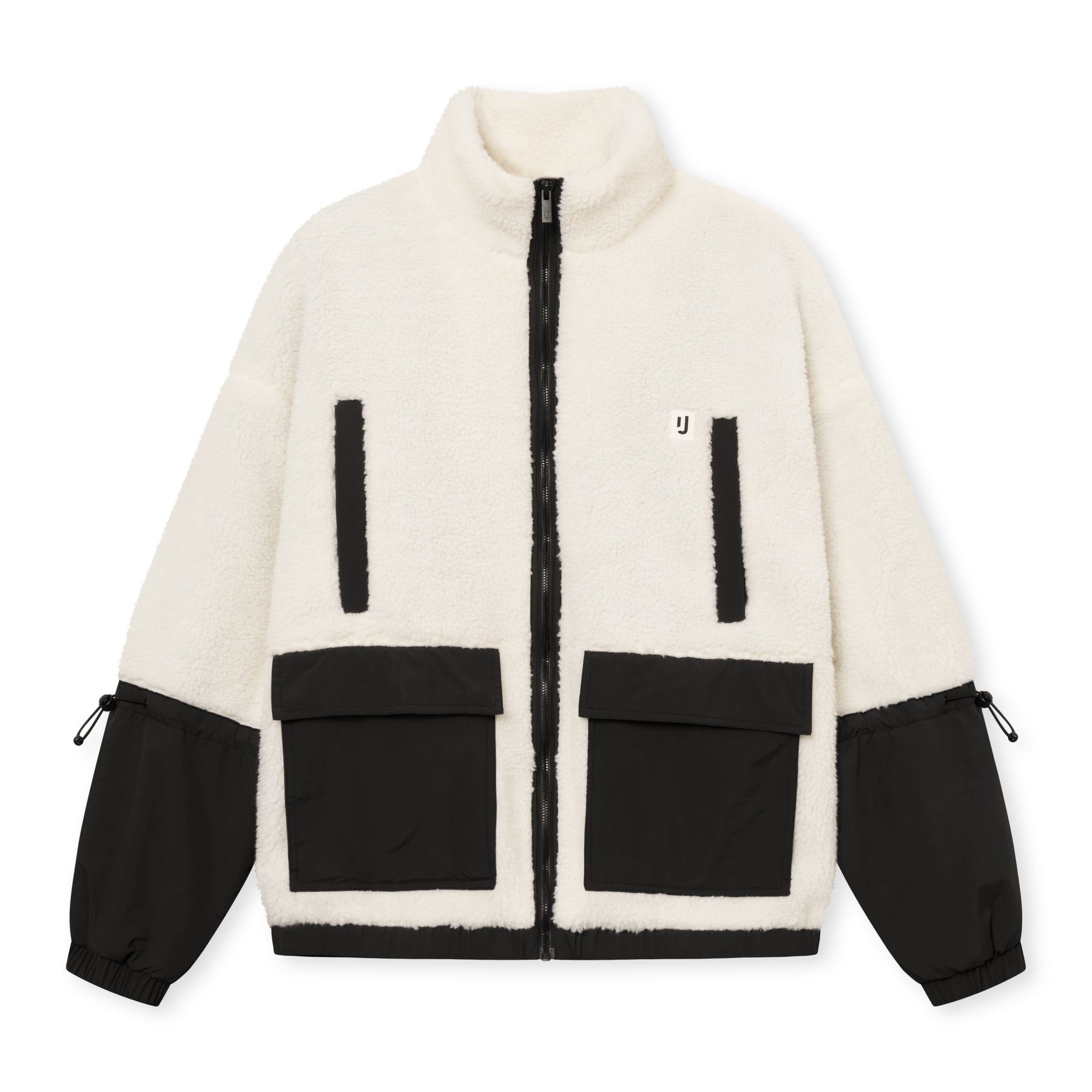 Teddy Fleecejacke 'Carson' in Creme mit schwarzen Taschen und Ärmeln, Reißverschluss vorne