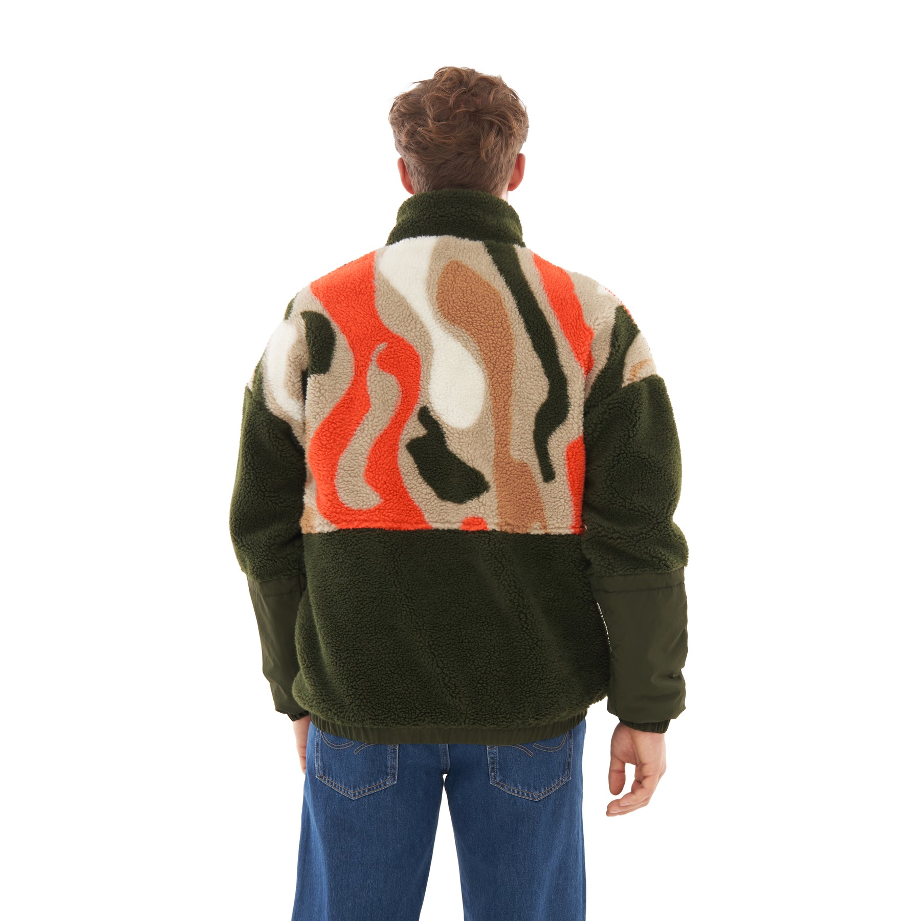 Teddy Fleecejacke Carson für Herren in Olivgrün mit gemustertem Rücken in Orange und Beige