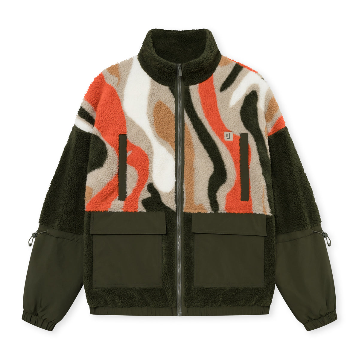 Teddy Fleecejacke 'Carson' mit abstraktem Muster in Olivgrün, Orange, Beige, Weiß und Braun, Reißverschluss und Taschen mit Klappen