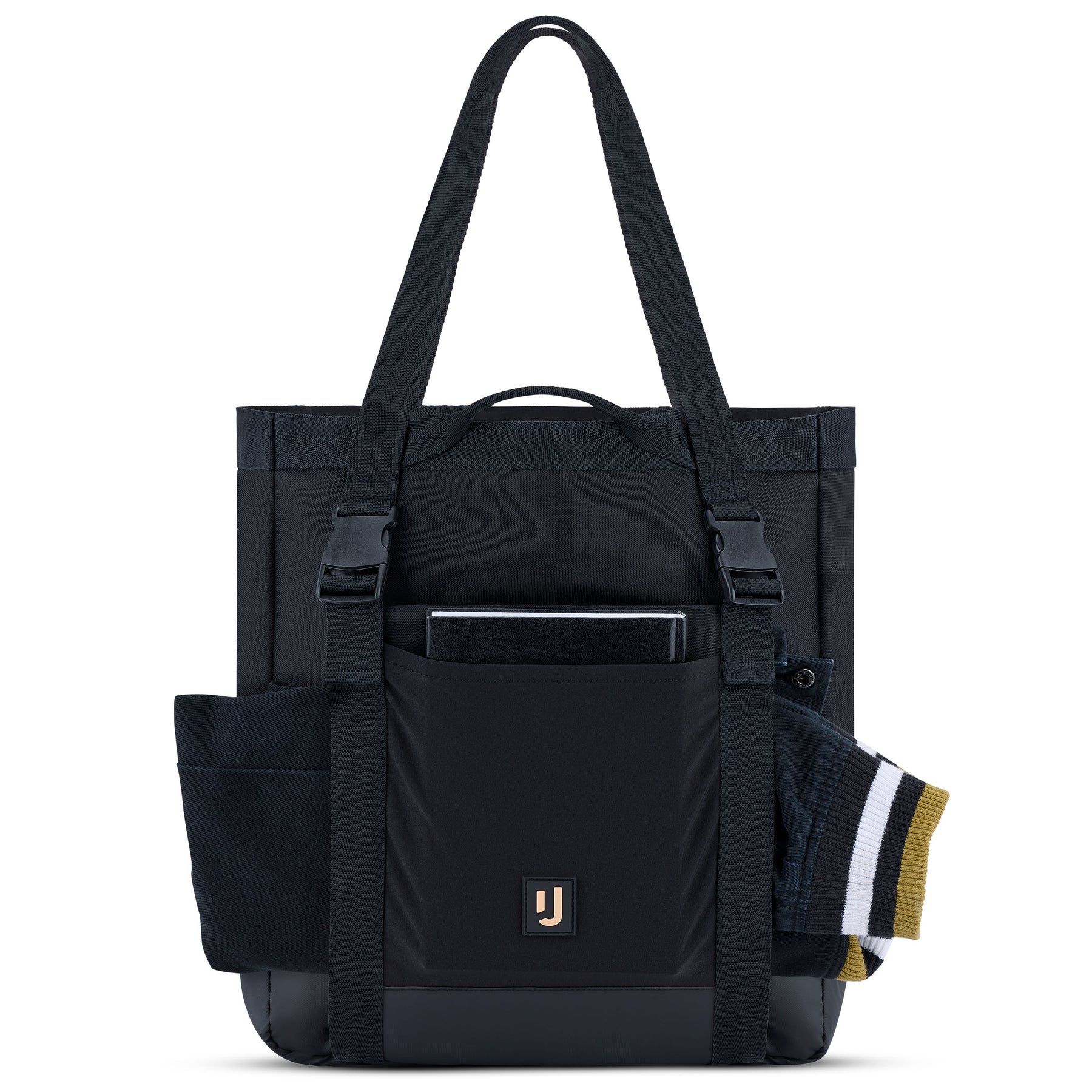 Schwarze Tote Bag 'Jessy' von Johnny Urban mit zwei langen Henkeln, mehreren Außentaschen und zwei Schnallen vorne