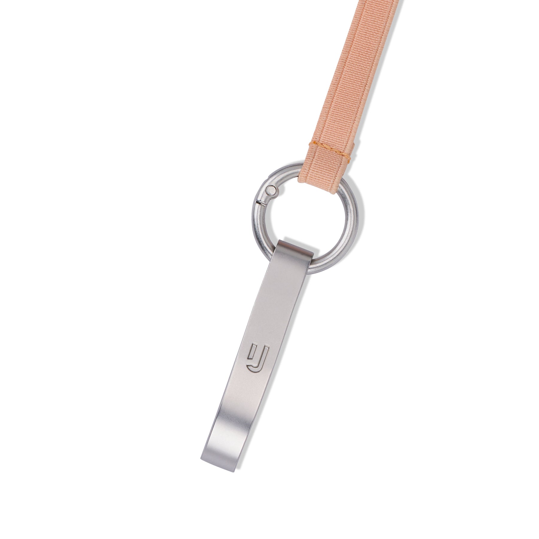 Flaschenöffner aus Edelstahl mit ‚UJ‘-Logo an rosa Schlüsselring