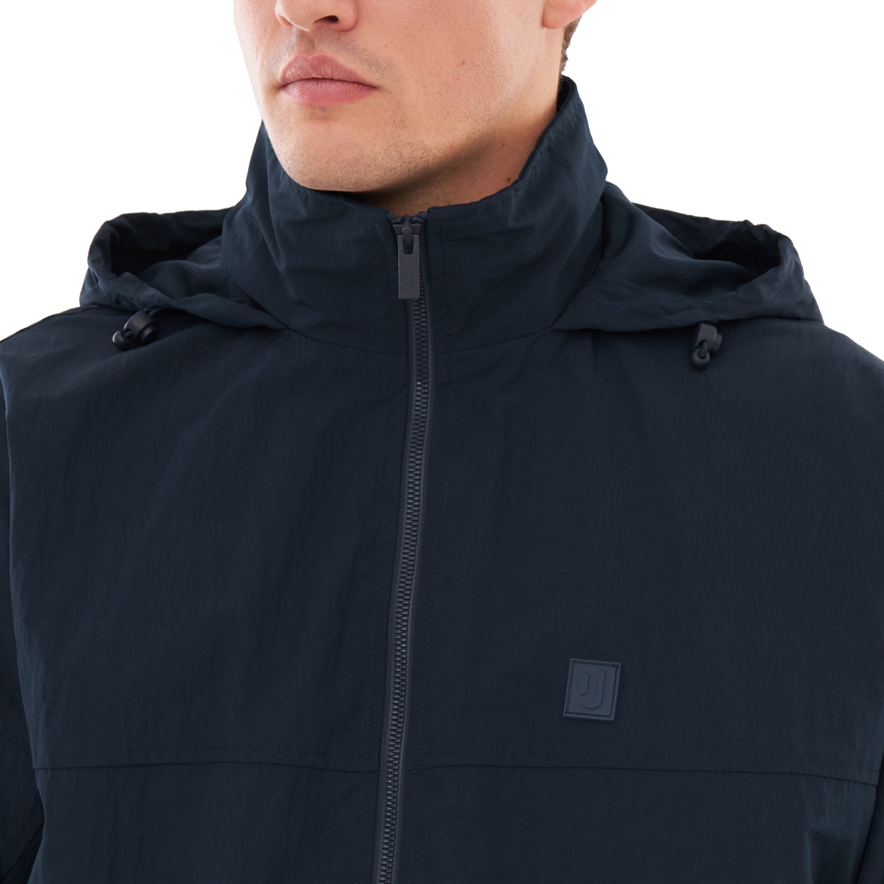 Dunkelblaue Herren-Übergangsjacke 'Lennon' mit hohem Kragen, Reißverschluss und Kapuze mit Kordelzug