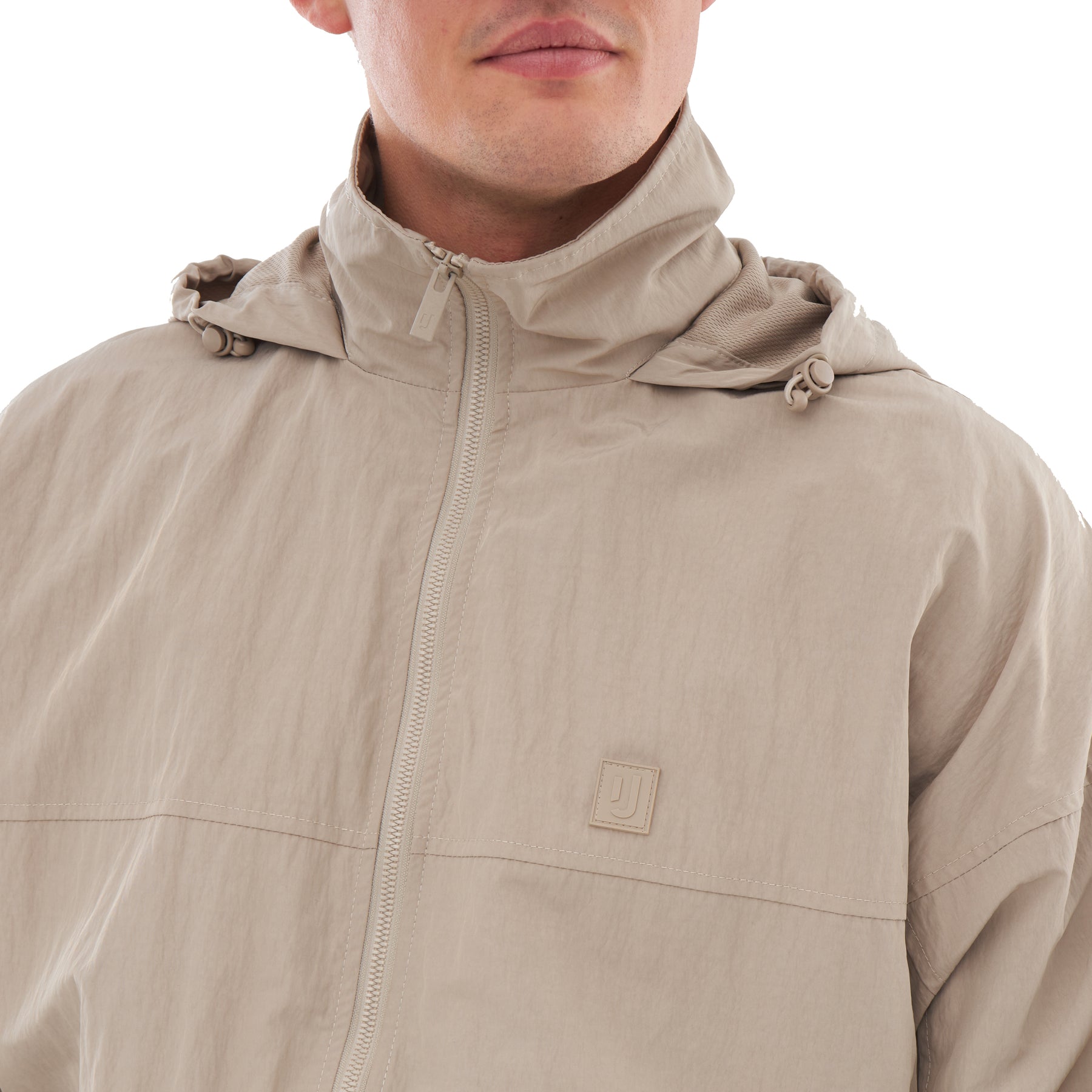 Beige Übergangsjacke 'Lennon' mit Kapuze und mittigem Reißverschluss, Logo auf der Brust