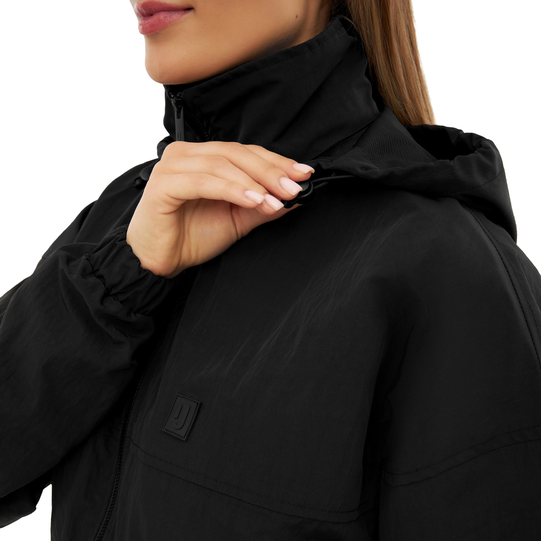 Schwarze Übergangsjacke 'Lennon' mit hohem Kragen und verstellbarem Kordelzug am Kapuzenbereich