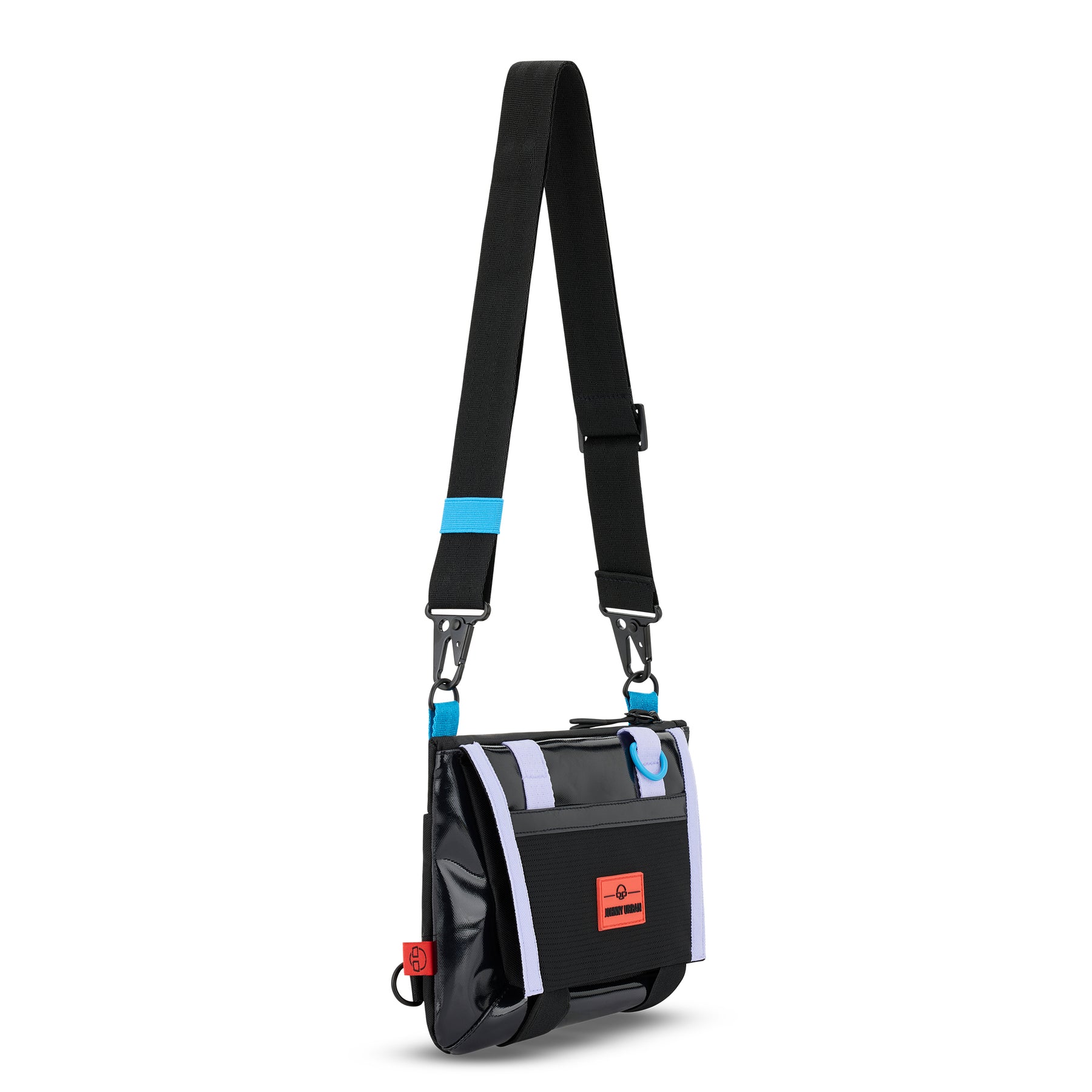 Johnny Urban Umhängetasche Avery in Schwarz mit Lichtblau und rotem Logo mit verstellbarem schwarzen Träger