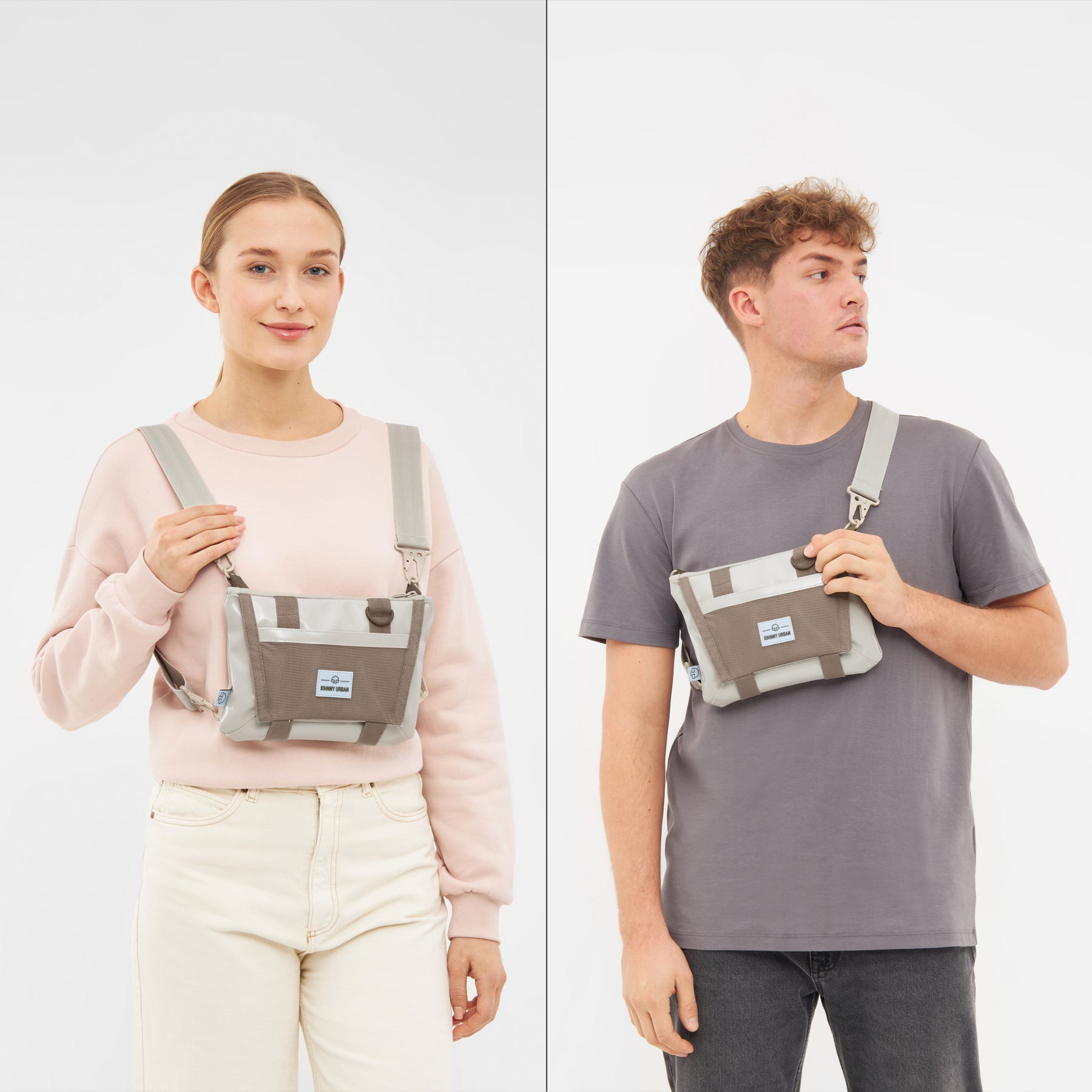 Beige Umhängetasche 'Avery' von Johnny Urban getragen von Frau in rosa Pullover und Mann in grauem T-Shirt