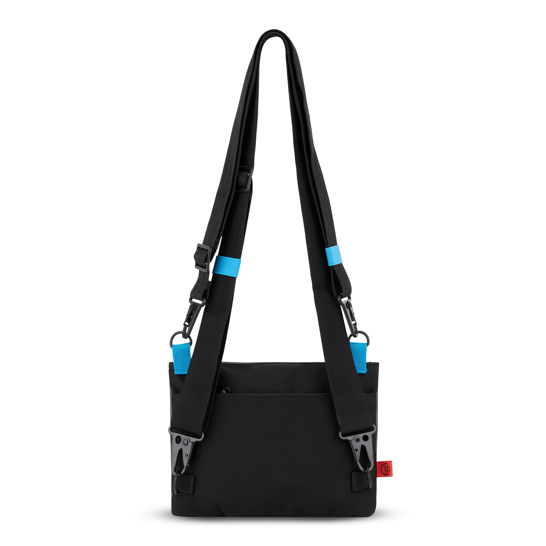 Schwarze Umhängetasche Avery mit verstellbarem schwarzen Schultergurt und blauen Akzenten