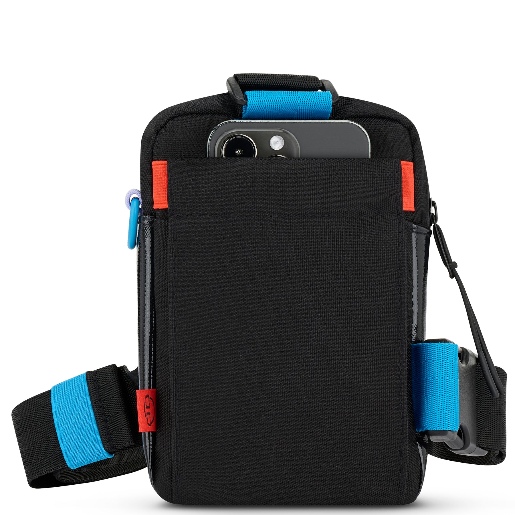 Schwarze Umhängetasche 'Lex' mit blauem Gurt und einem Smartphone in der Außentasche