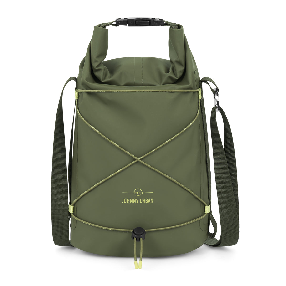 Olivegrüne wasserdichte Dry Bag 'Theo' von Johnny Urban mit verstellbarem Schultergurt und frontaler Gummikordel