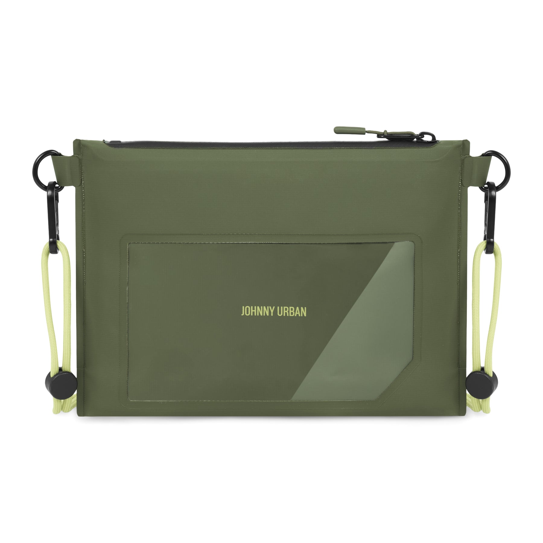 Grüne wasserdichte Dry Bag 'Alfie' von Johnny Urban mit transparenter Fronttasche und schwarzem Reißverschluss