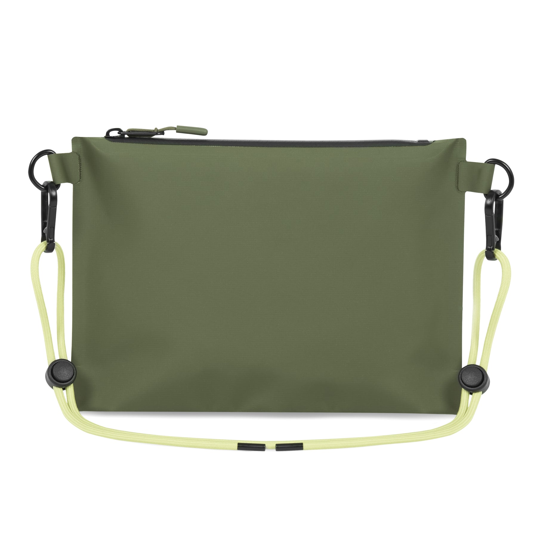 Wasserdichte Umhängetasche Dry Bag 'Alfie' in Olivgrün mit gelbem Kordelband und schwarzem Reißverschluss