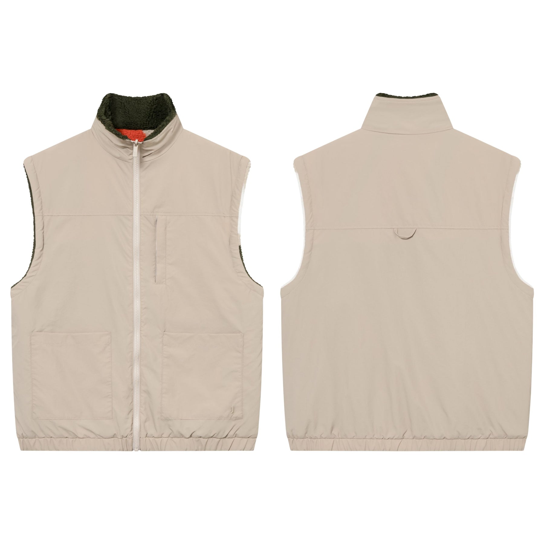 Teddy Fleeceweste Bryson in Sandfarbe, Vorder- und Rückansicht, mit Reißverschluss und Taschen