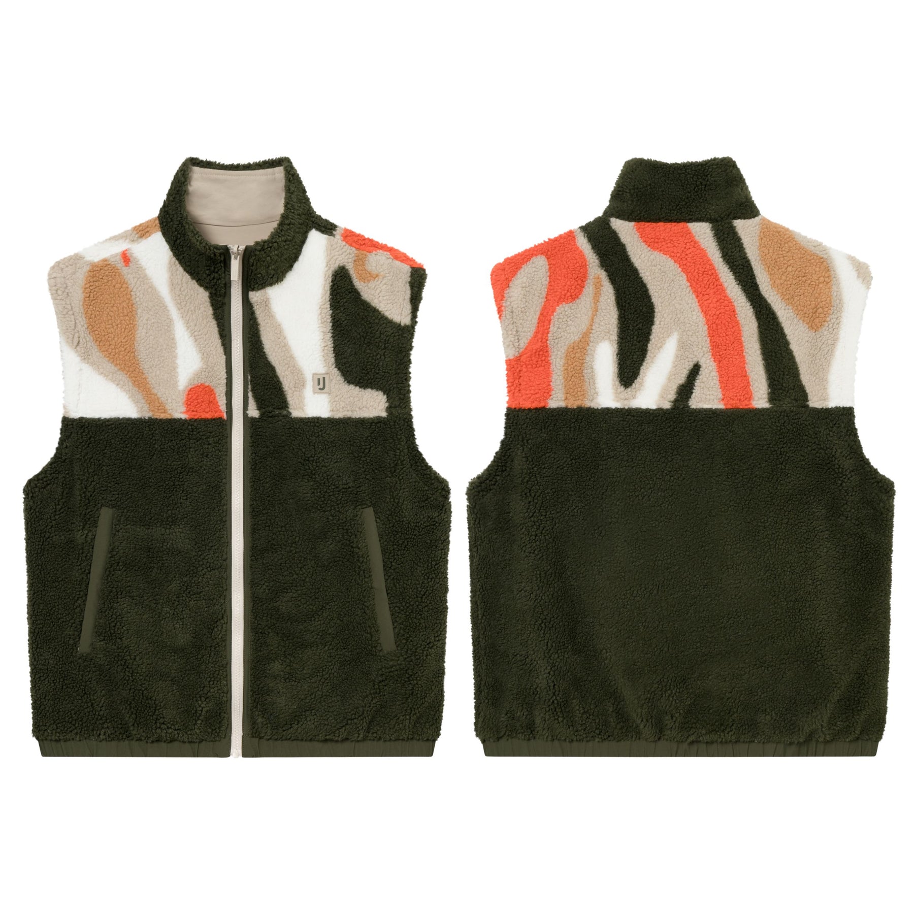 Teddy-Fleeceweste Bryson von Johnny Urban in Olivgrün mit abstraktem Muster in Beige, Orange und Schwarz