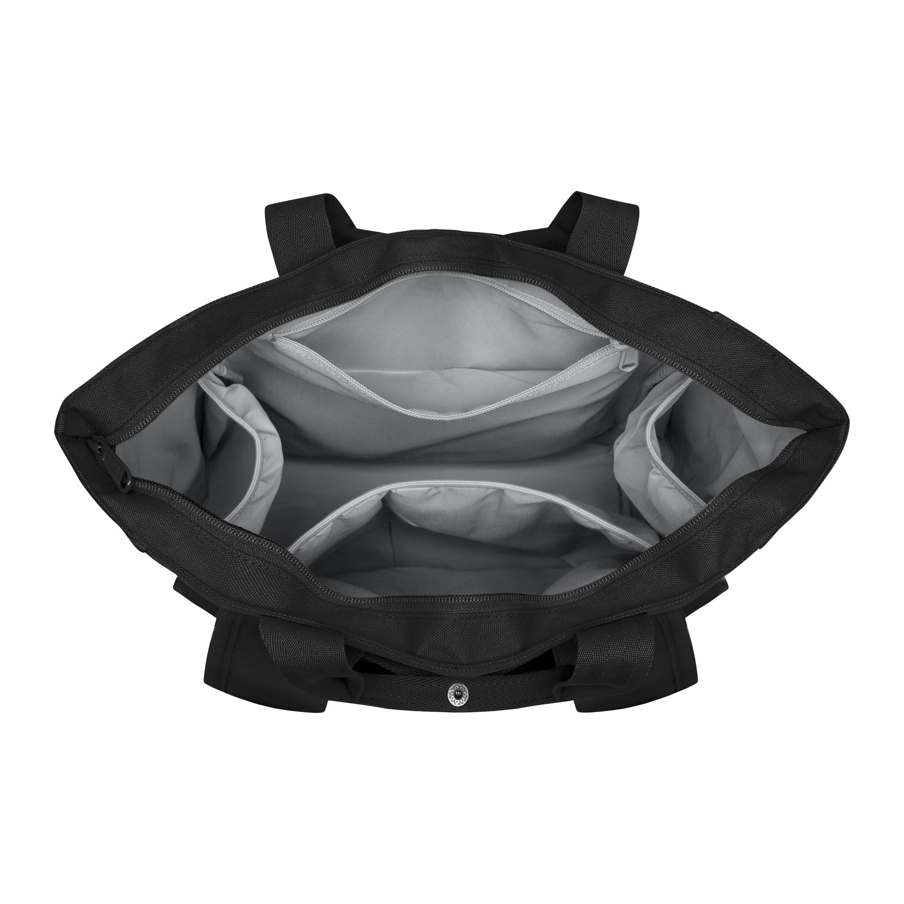 Innenseite der schwarzen Wickeltasche 'Blair' mit mehreren grauen Innenfächern und Reißverschluss