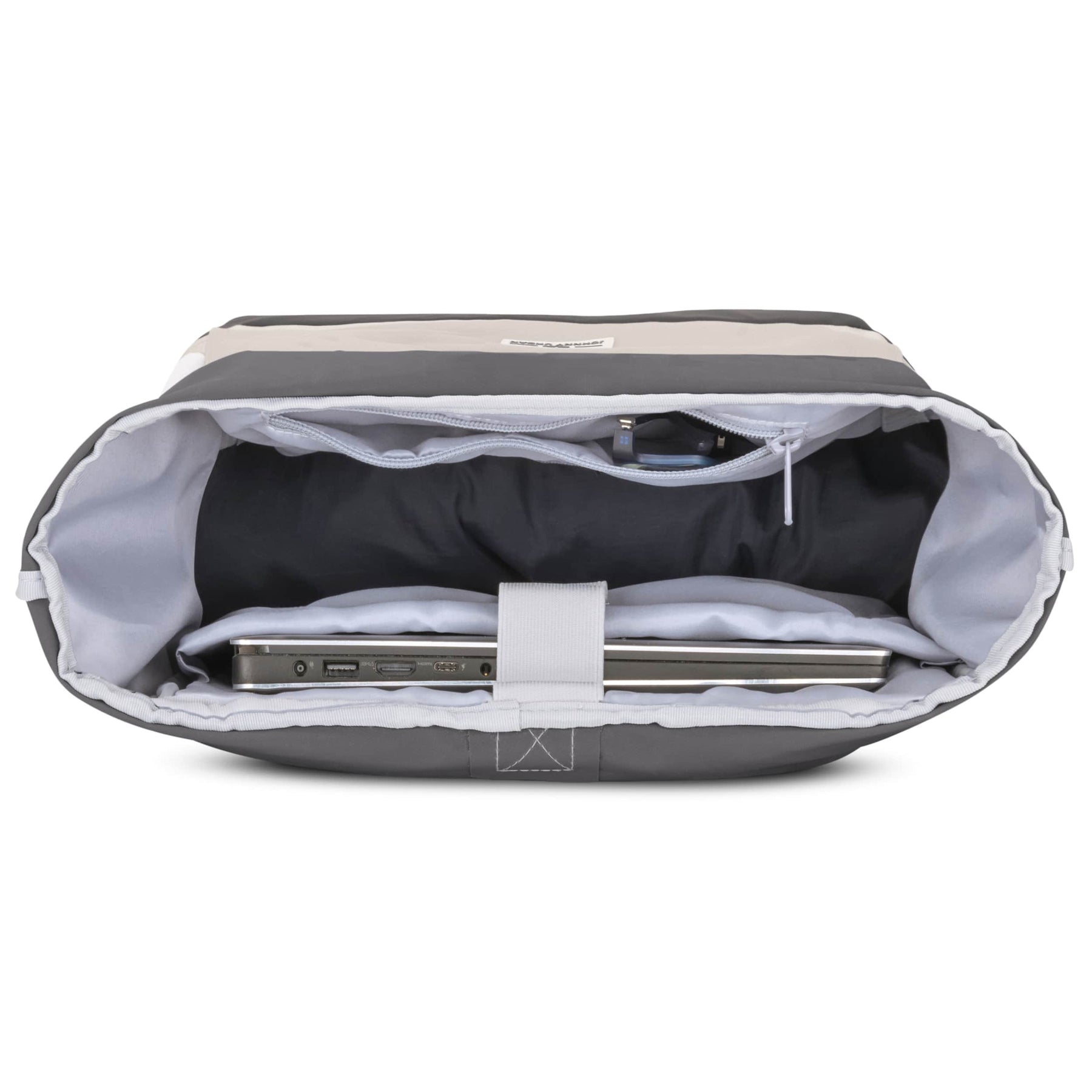 Rolltop Rucksack Allen Medium mit offenem Hauptfach, innen Laptopfach mit gepolstertem Laptop und Reißverschlussfach
