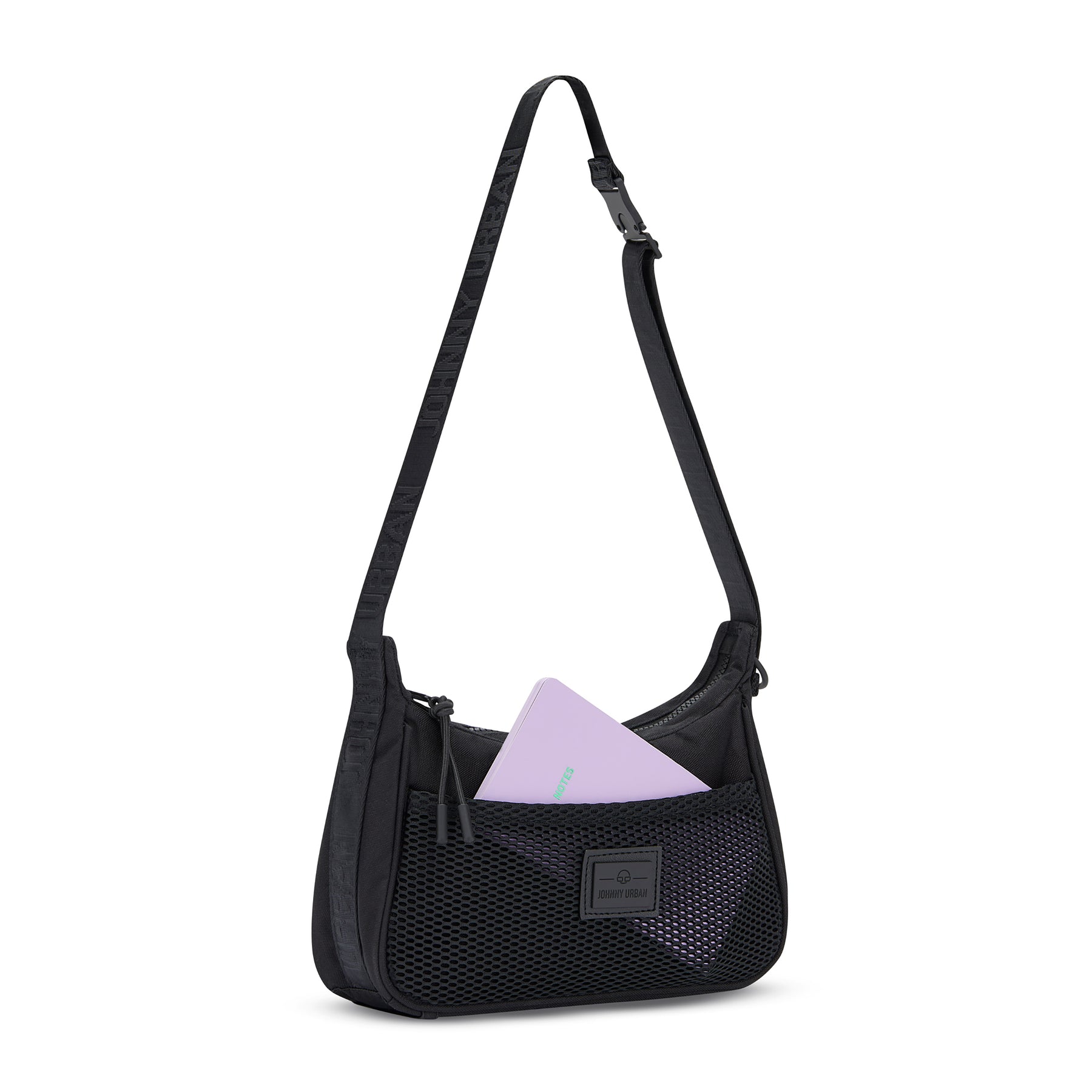 Schwarze Baguette-Handtasche 'Maddy' mit Netzfach und verstellbarem Schulterriemen von Johnny Urban