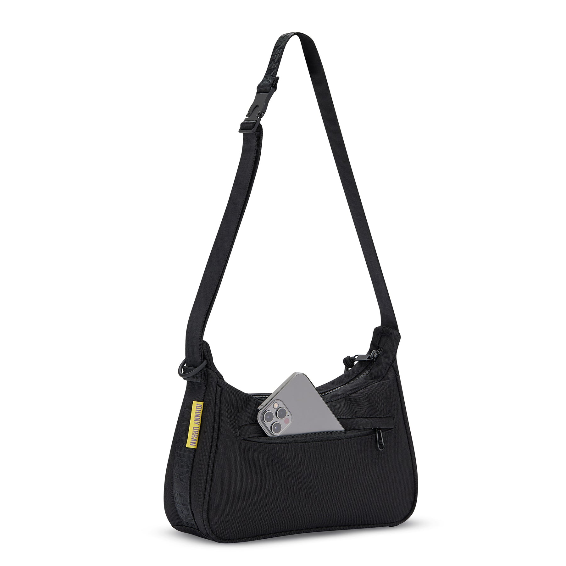 Schwarze Handtasche 'Maddy' von Johnny Urban mit verstellbarem Schulterriemen und Smartphone in vorderer Reißverschlusstasche