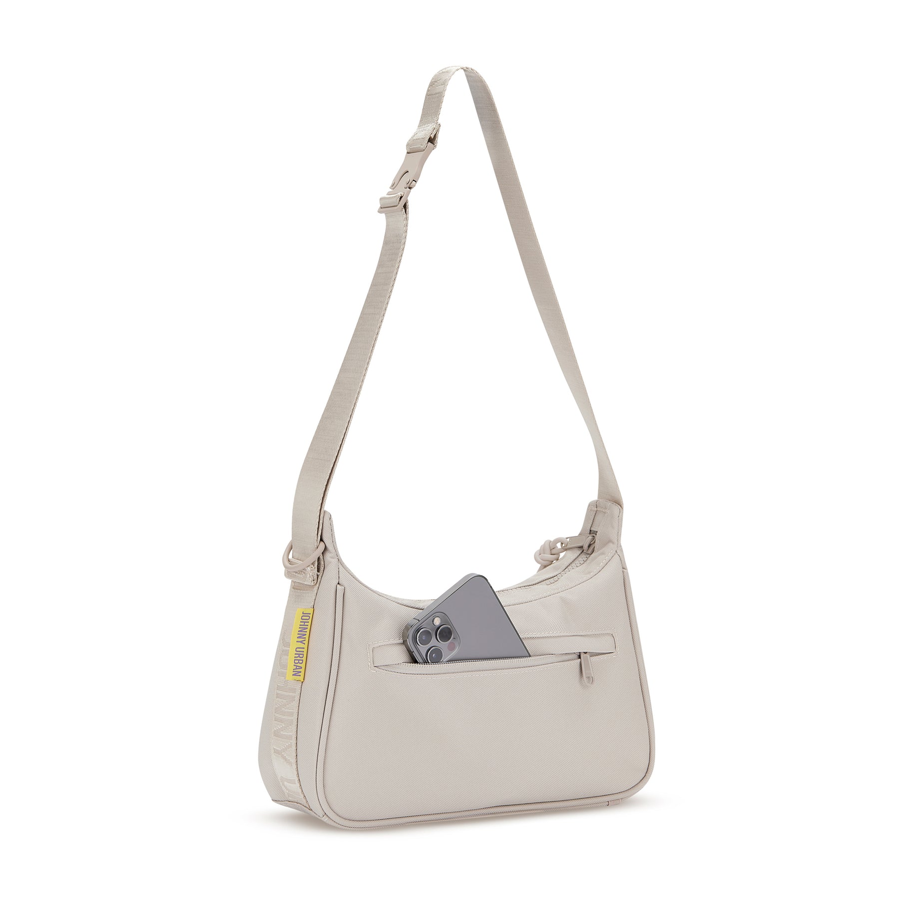 Beige Handtasche 'Maddy' von Johnny Urban mit verstellbarem Schulterriemen und Smartphone in der vorderen Reißverschlusstasche