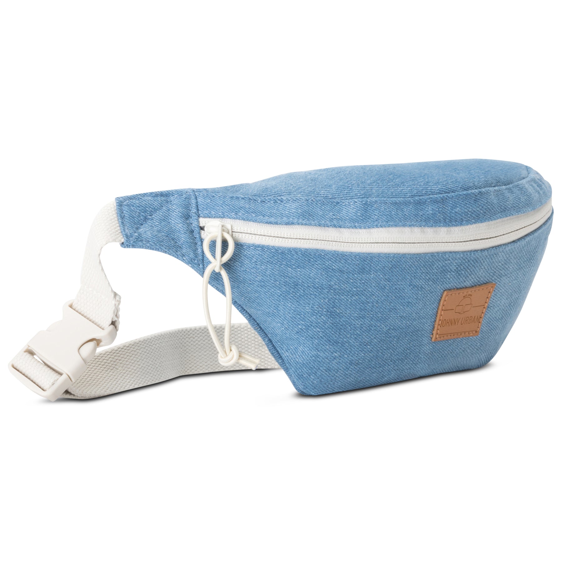 Bauchtasche 'Toni' aus blauem Denim mit weißem Reißverschluss und verstellbarem weißem Gurt