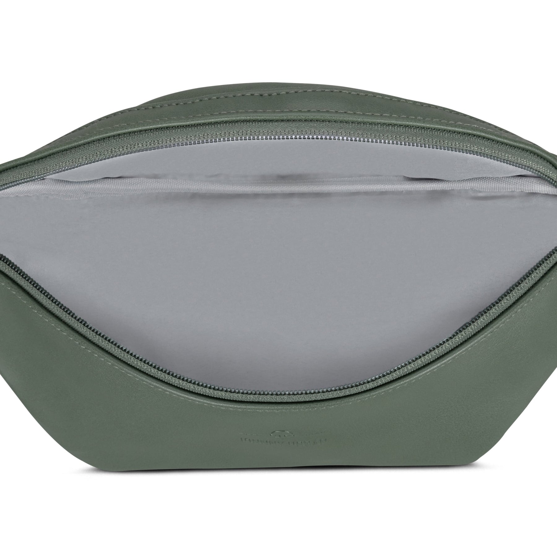 Offene grüne Bauchtasche 'Toni' aus Kunstleder mit sichtbarem grauem Innenfutter und Reißverschluss