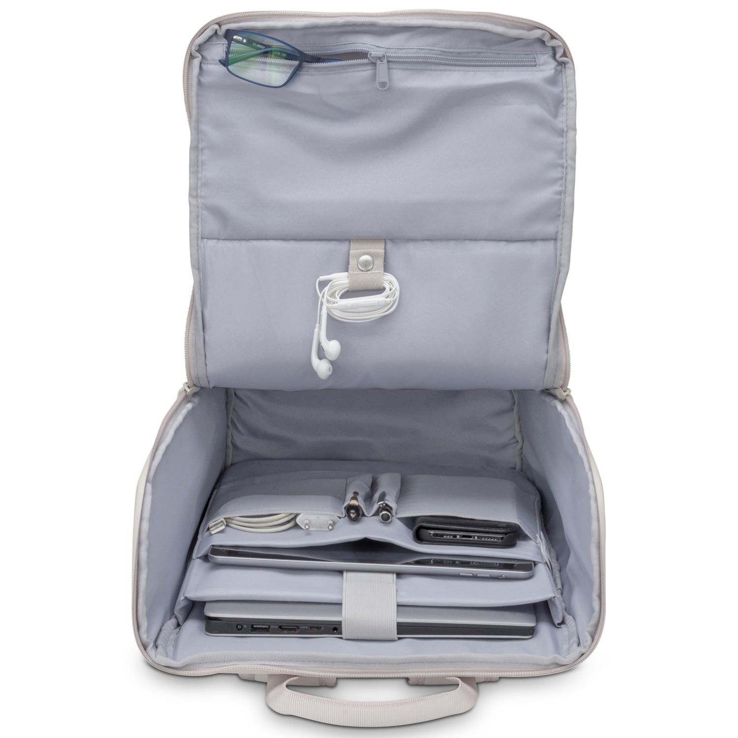 Geöffneter beiger Business-Rucksack 'Jasper' mit organisiertem Innenfach, Laptop, Kabeln, Kopfhörern und Brille