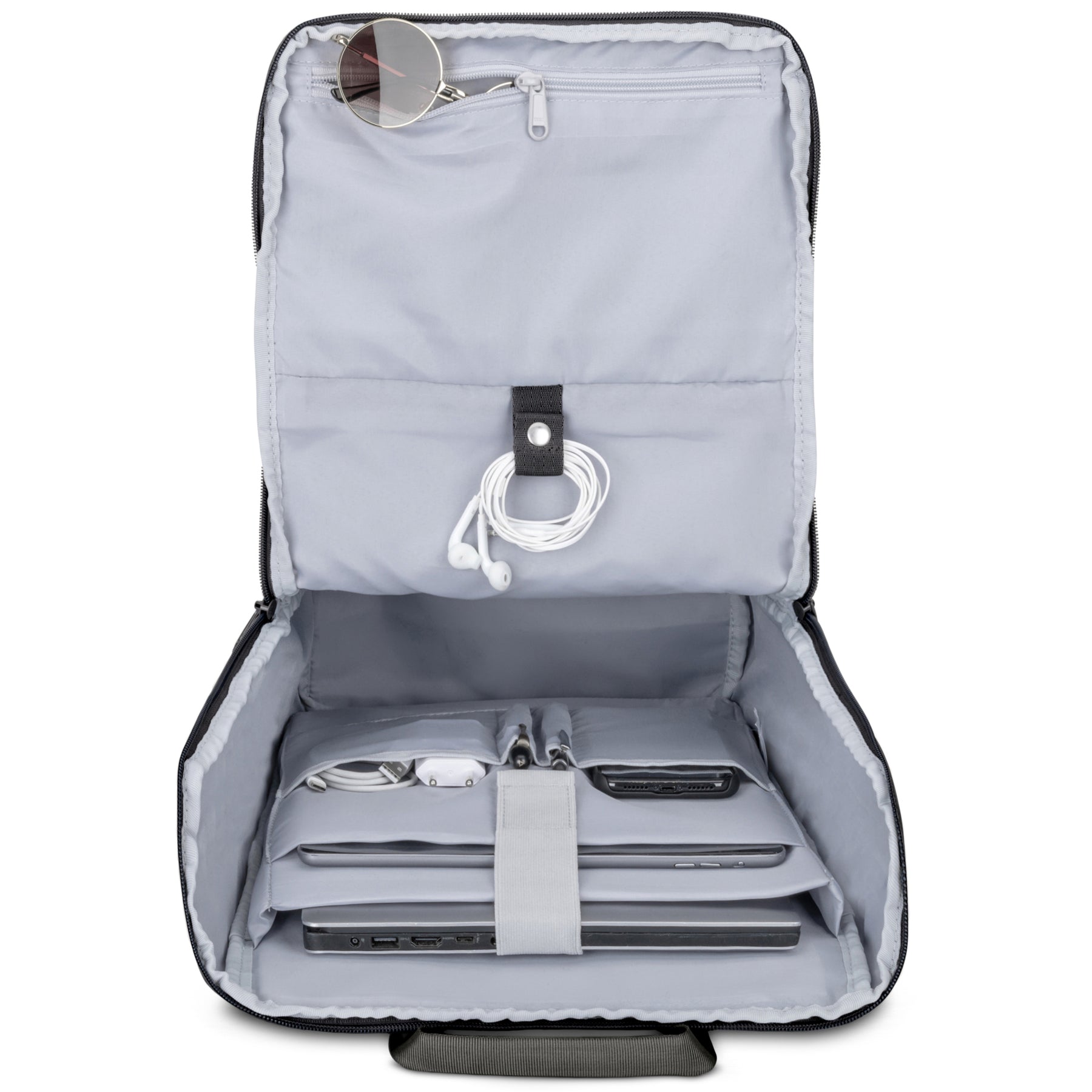 Offener grauer Business-Rucksack 'Jasper' mit gepolsterten Fächern für Laptop, Tablet, Smartphone und Zubehör
