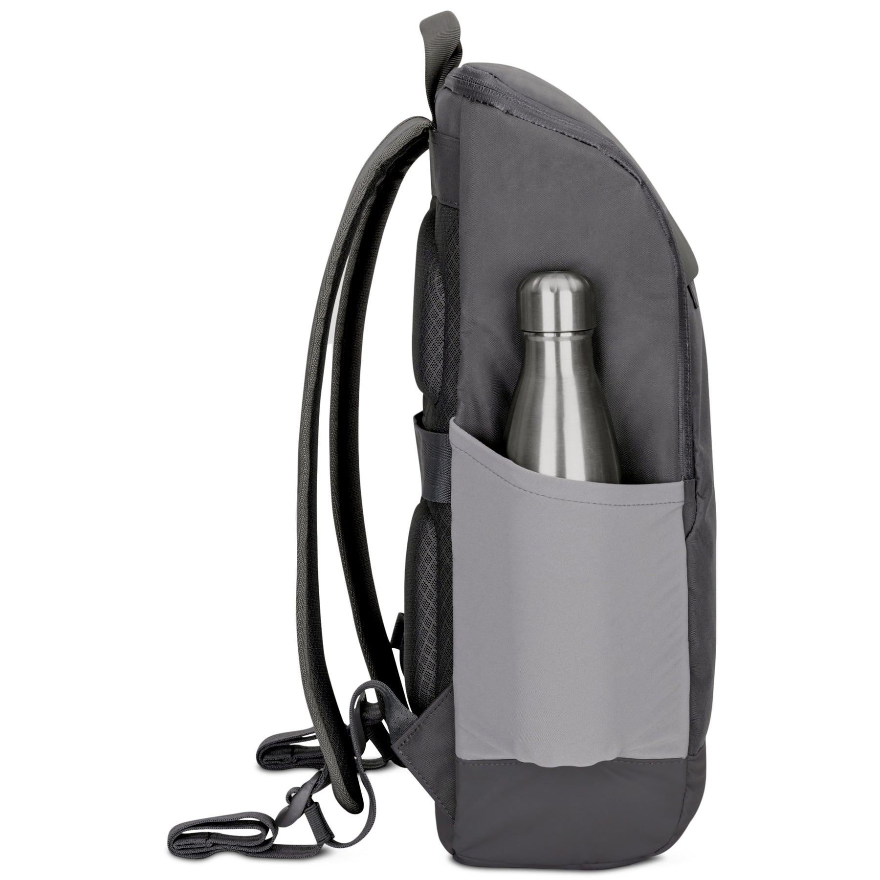 Business-Rucksack ‚Jasper‘ in Grau mit seitlicher Tasche und Edelstahlflasche