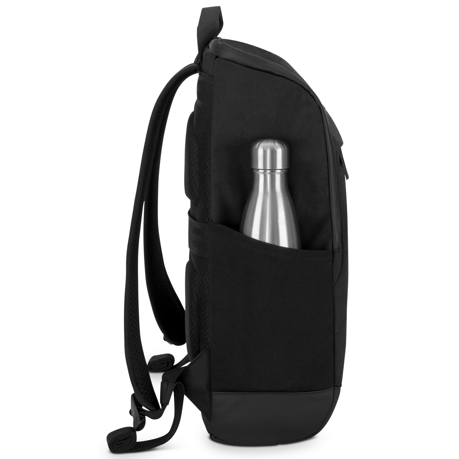 Schwarzer Business-Rucksack 'Jasper' mit seitlicher Außentasche, darin eine silberne Trinkflasche