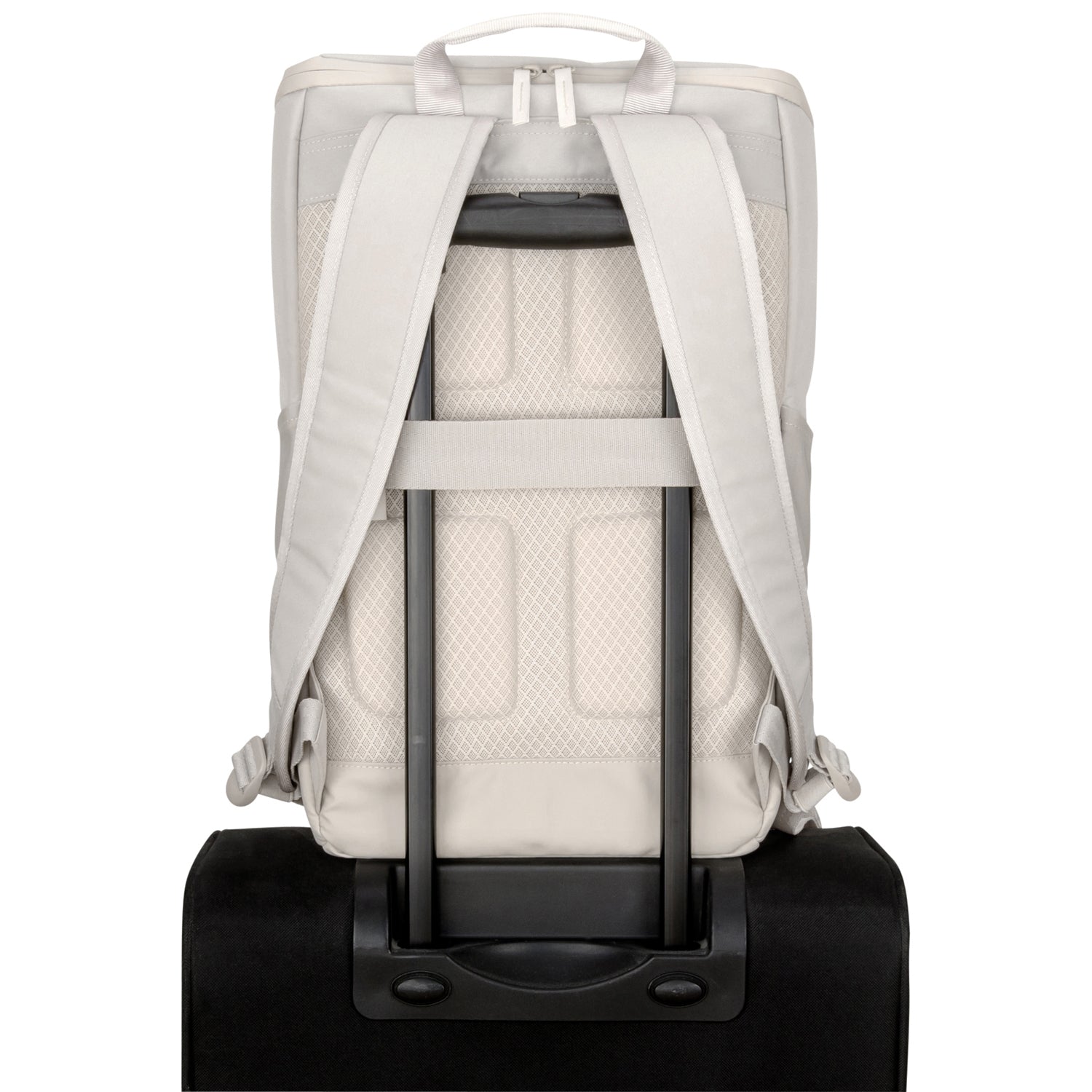 Beiger Business-Rucksack 'Jasper' mit gepolsterten Trägern an einem ausgezogenen schwarzen Trolleygriff