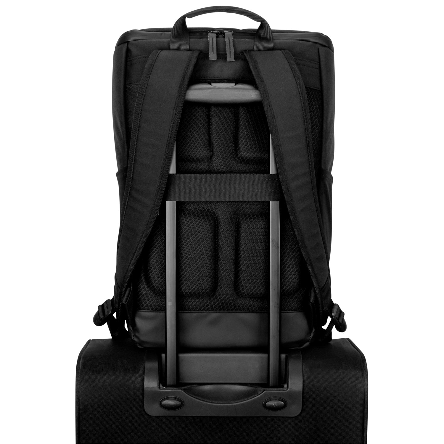 Geschlossener schwarzer Business-Rucksack 'Jasper' mit gepolsterten Trägern auf einem Trolley-Griff befestigt