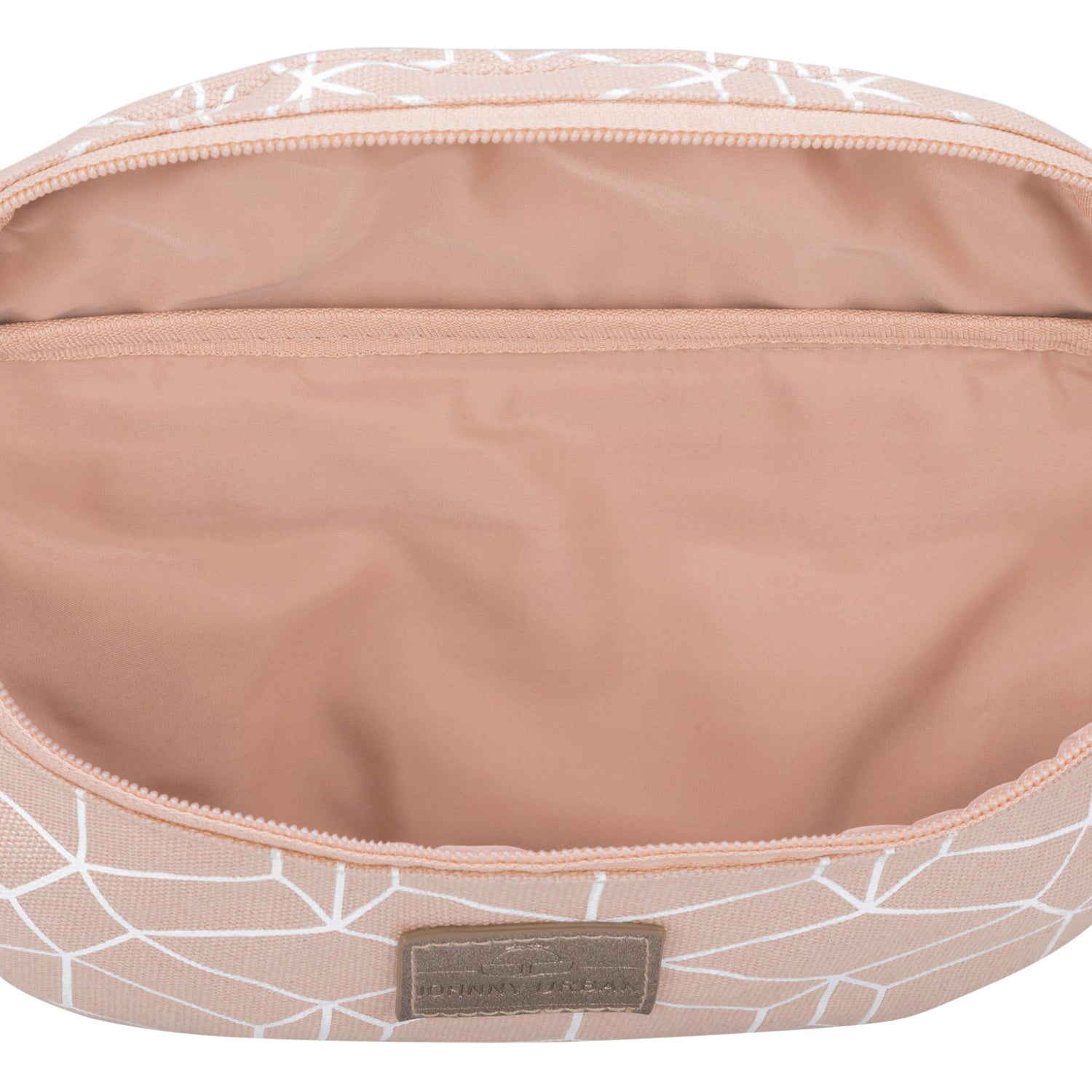 Innenseite der Bauchtasche 'Toni' aus rosa Canvas mit weißem Muster und einem kleinen Innenfach