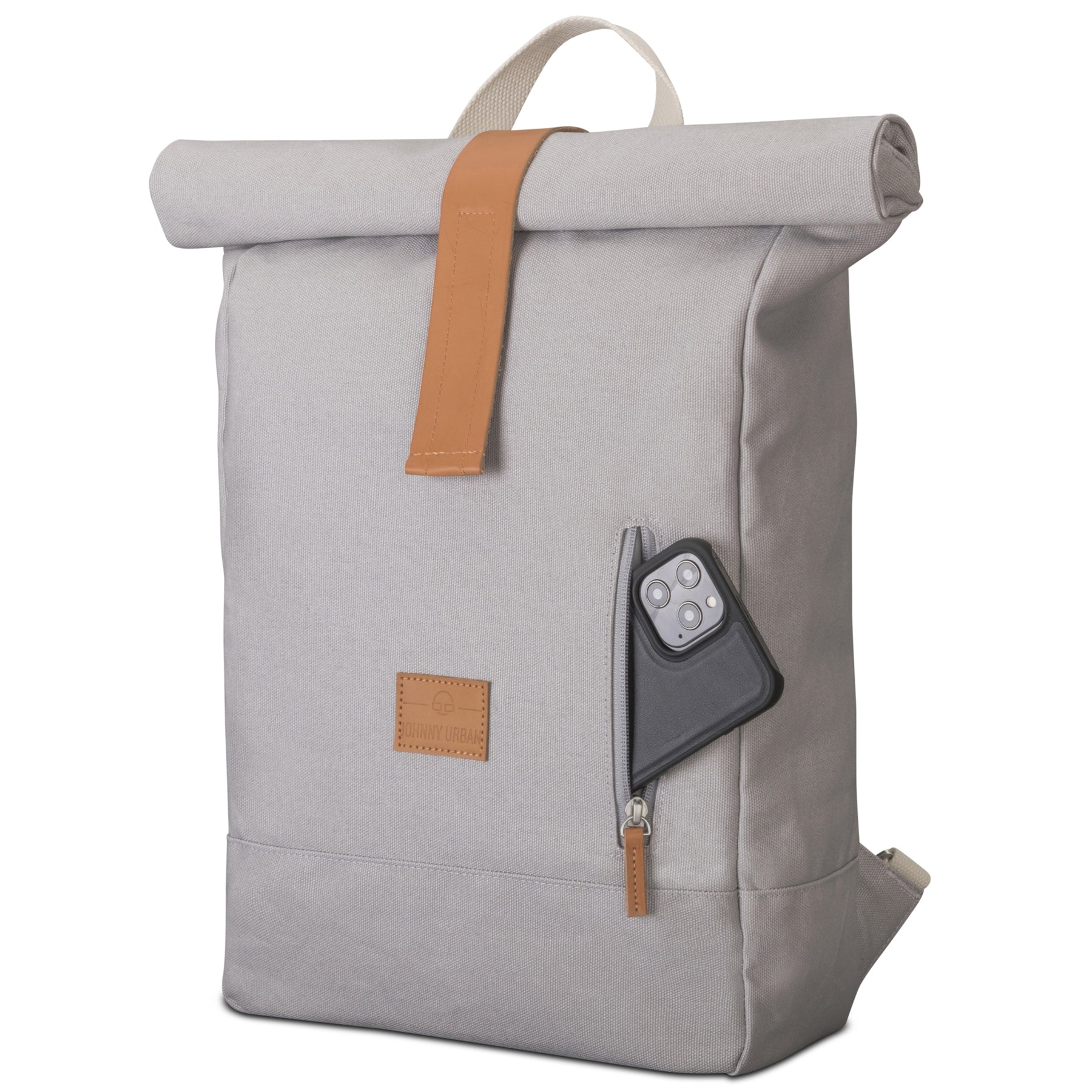 Rolltop Rucksack 'Adam Medium' von Johnny Urban aus grauem Canvas mit braunem Lederriemen und Handytasche mit Smartphone