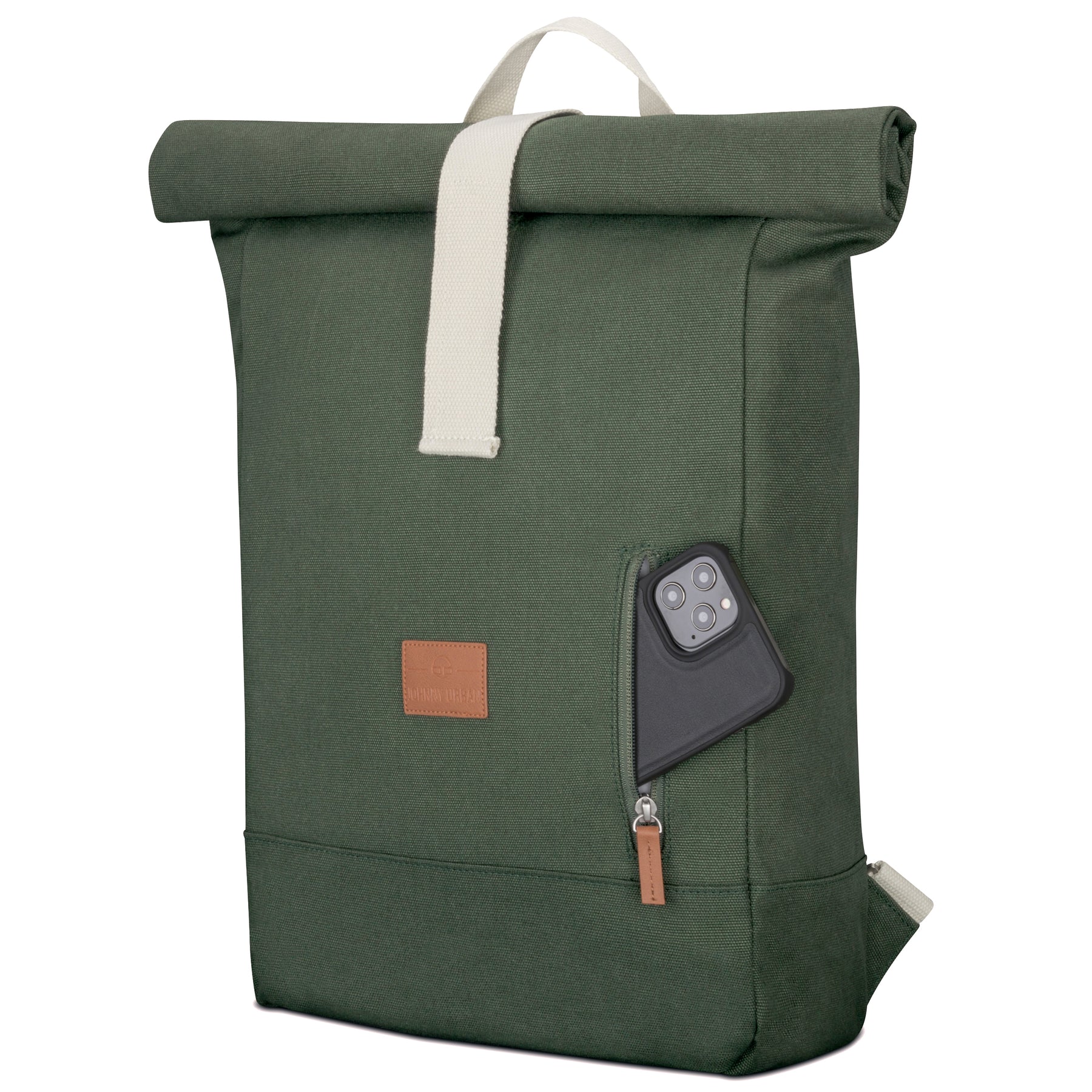 Johnny Urban Rolltop Rucksack 'Adam Large' aus grünem Canvas mit praktischem Reißverschlussfach und heller Trageschlaufe