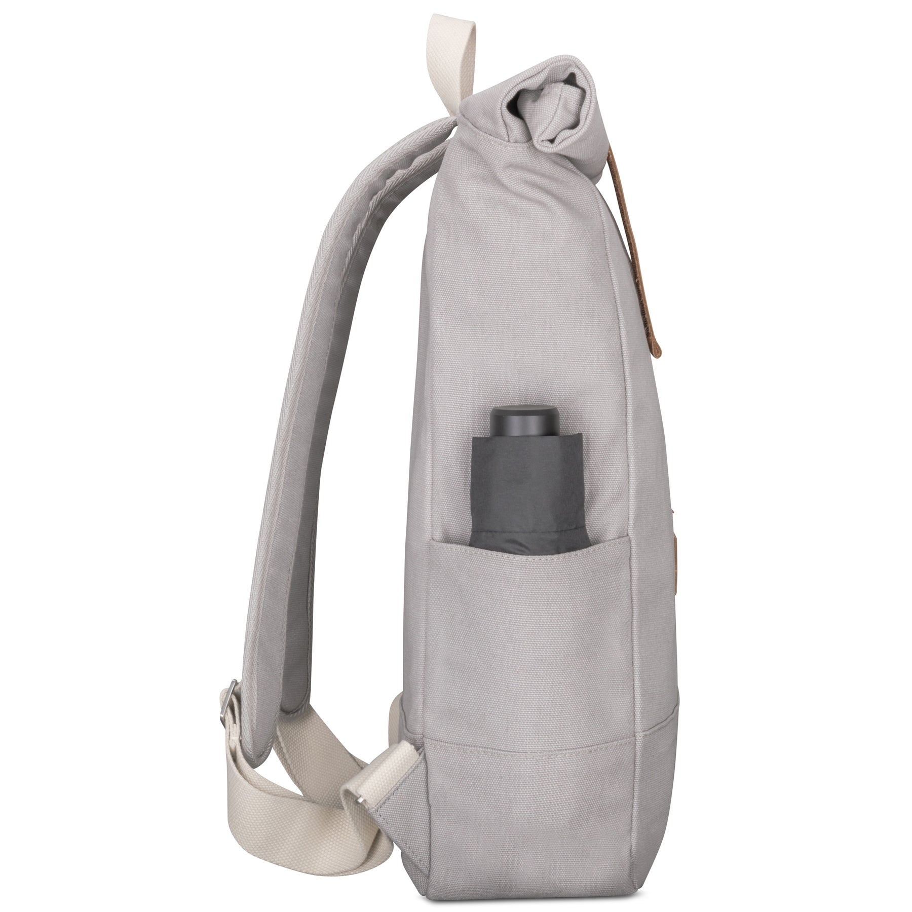 Grau Canvas Rolltop Rucksack 'Adam Large' mit seitlicher Außentasche und aufgeklapptem oberen Verschluss