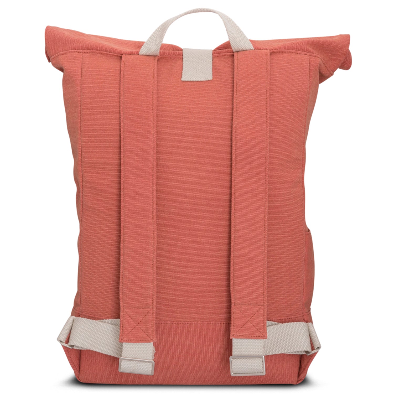 Rolltop Rucksack 'Adam Large' in hellrotem Canvas, Rückseite mit gepolsterten Schultergurten und Trageschlaufe in heller Farbe