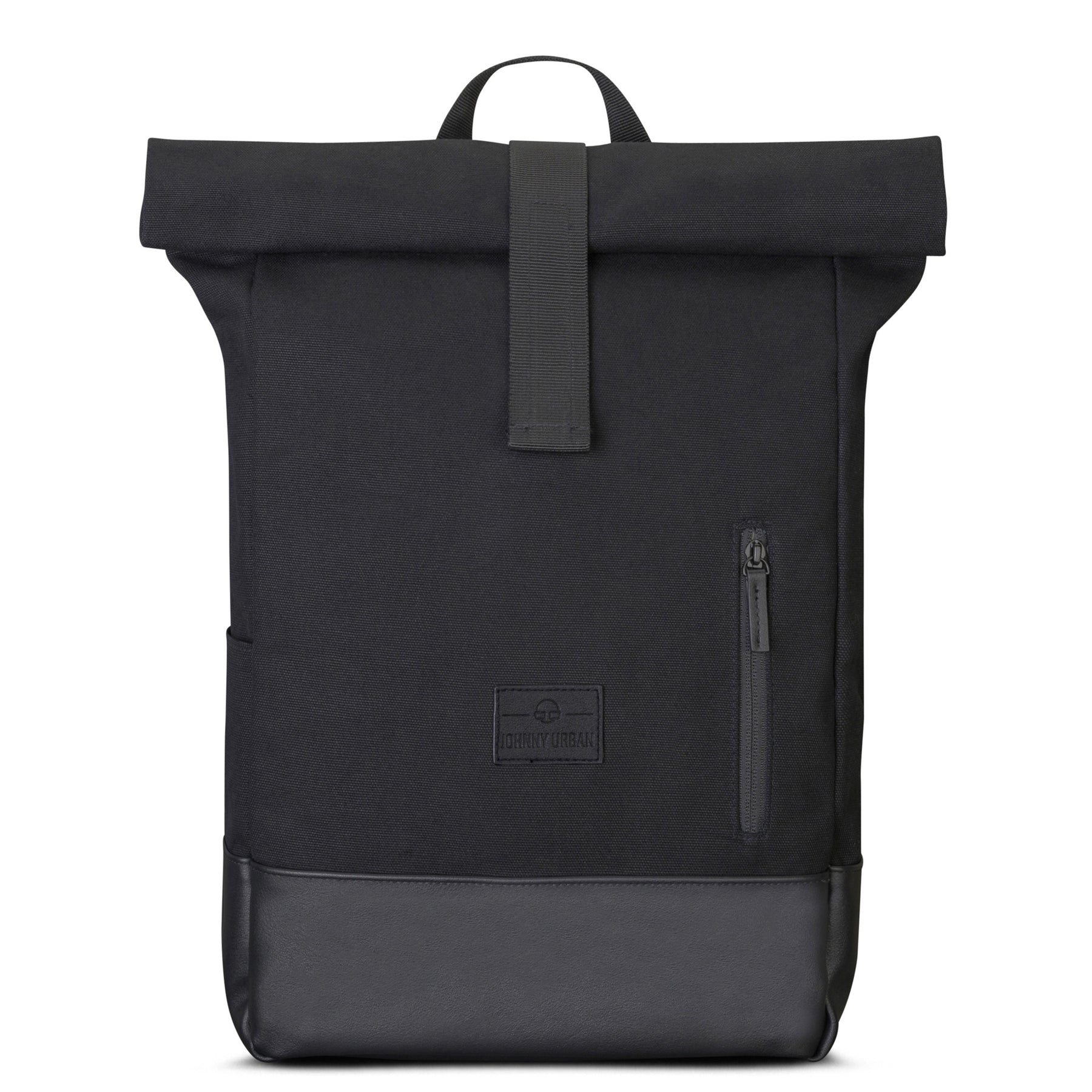 Schwarzer Rolltop Rucksack 'Adam Medium' von Johnny Urban aus Canvas mit kleinem Reißverschlussfach und Lederboden