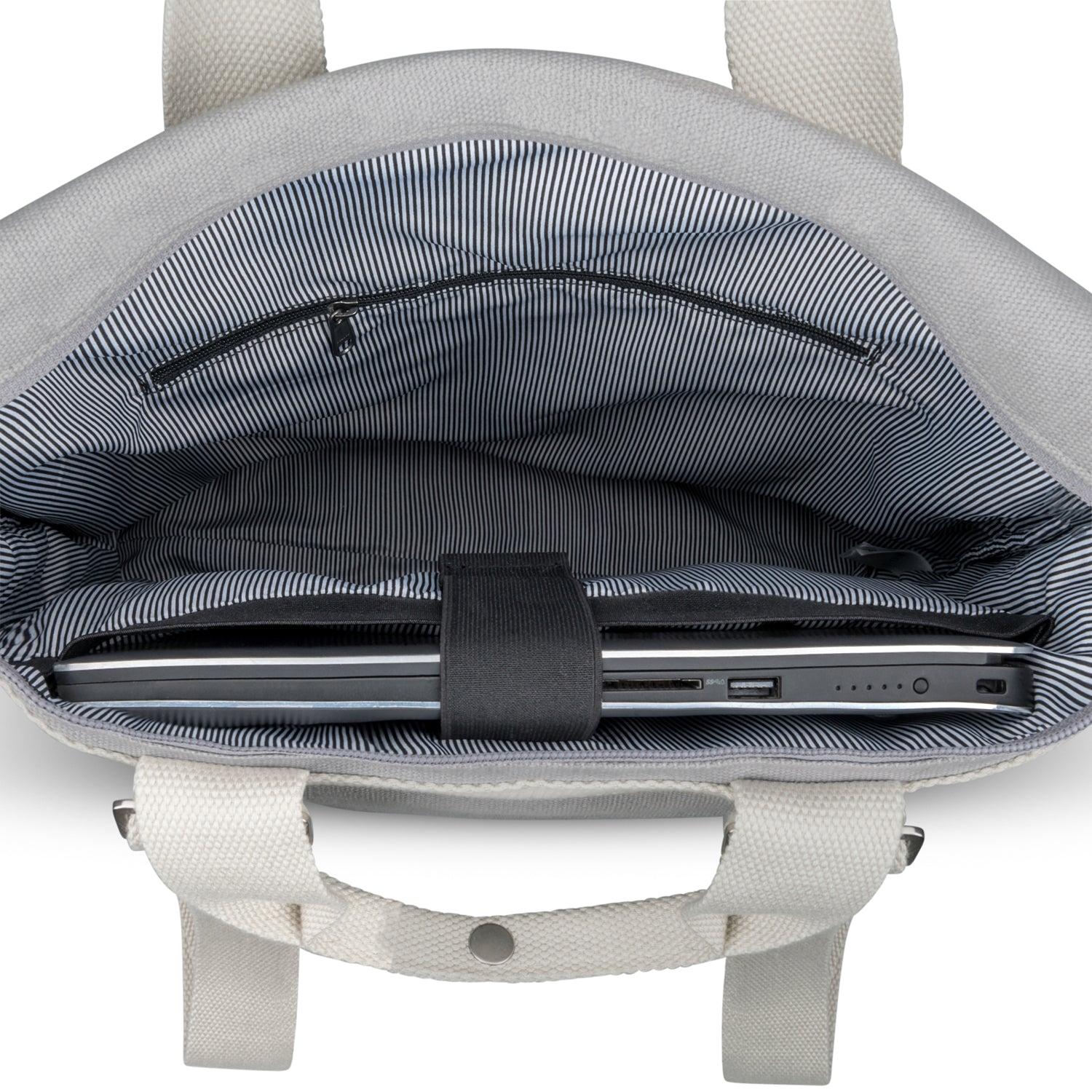 Innenansicht des grauen Canvas-Rucksack Tasche 'Sam' mit gestreiftem Innenfutter und Laptopfach mit Laptop