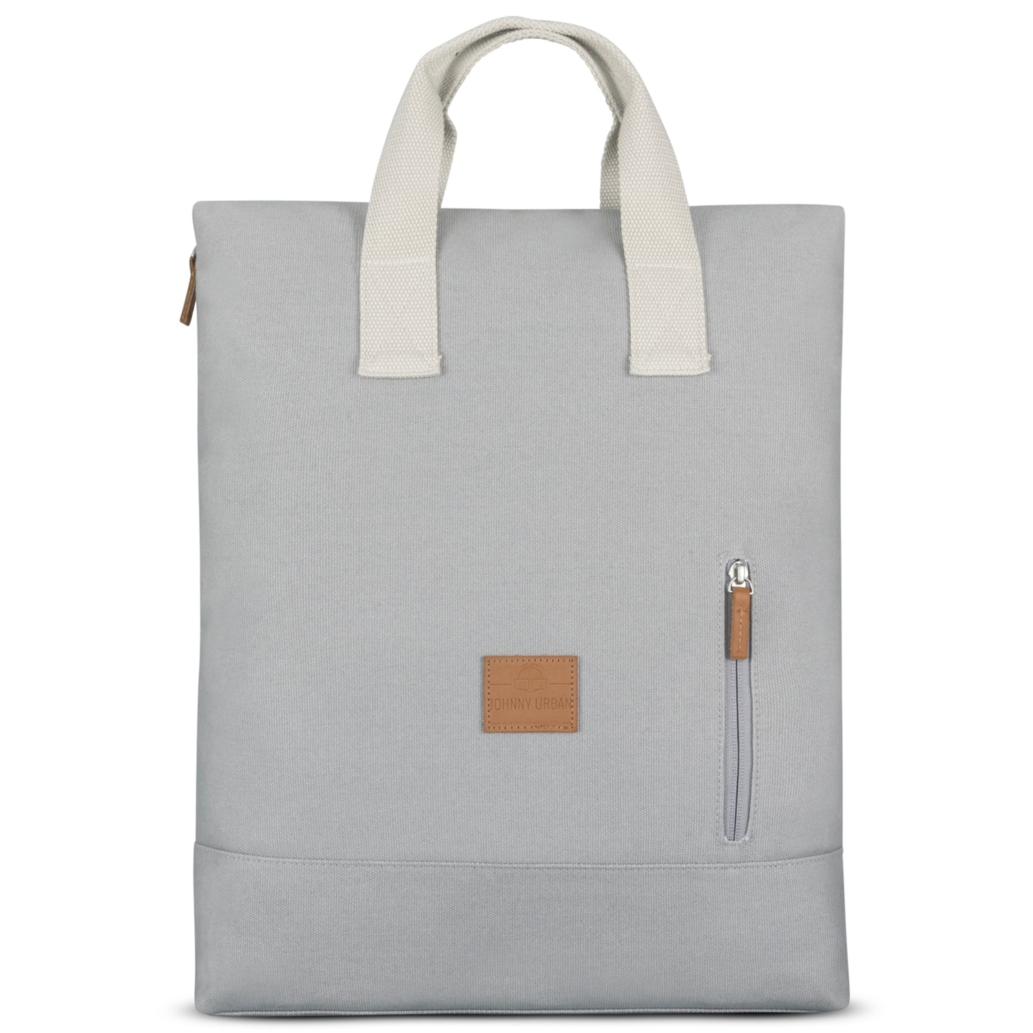 Grauer Canvas-Rucksack 'Sam' mit hellen Tragegriffen und kleinem Reißverschluss vorne von Johnny Urban