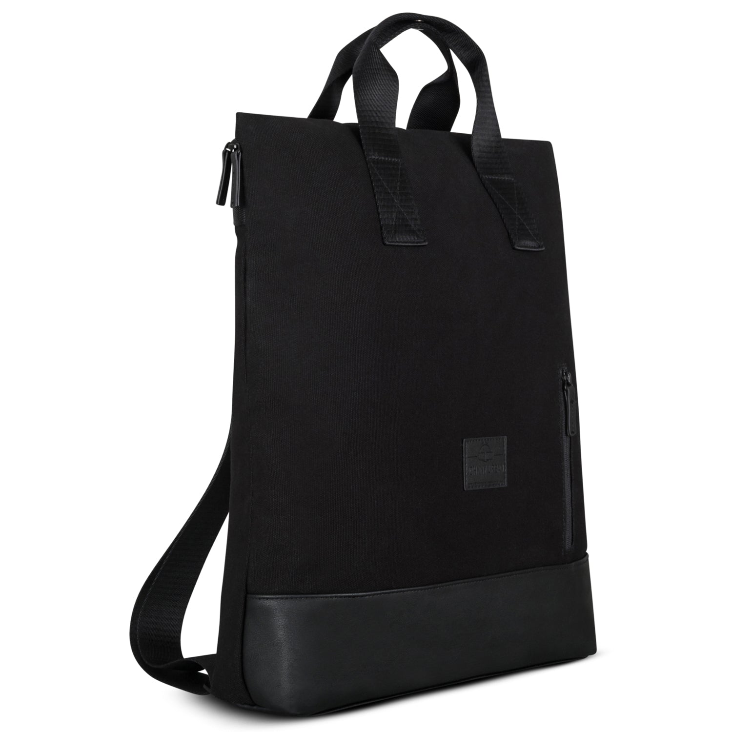 Schwarzer Johnny Urban Rucksack 'Sam' aus Canvas mit Lederboden und Henkel, vorne Reißverschlusstasche