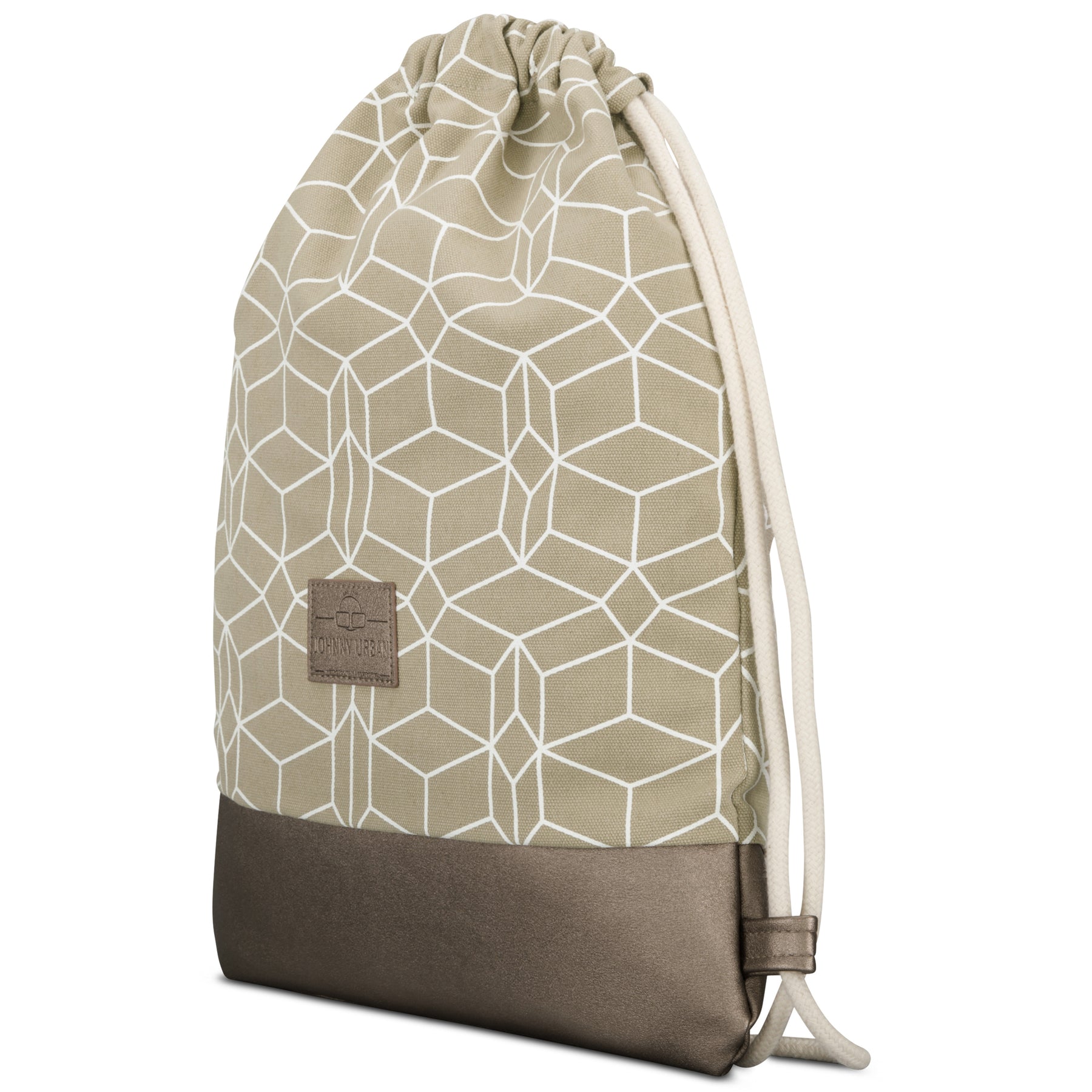 Beiger Johnny Urban Turnbeutel 'Noah' aus Canvas mit geometrischem weißen Muster und metallic-braunem Boden
