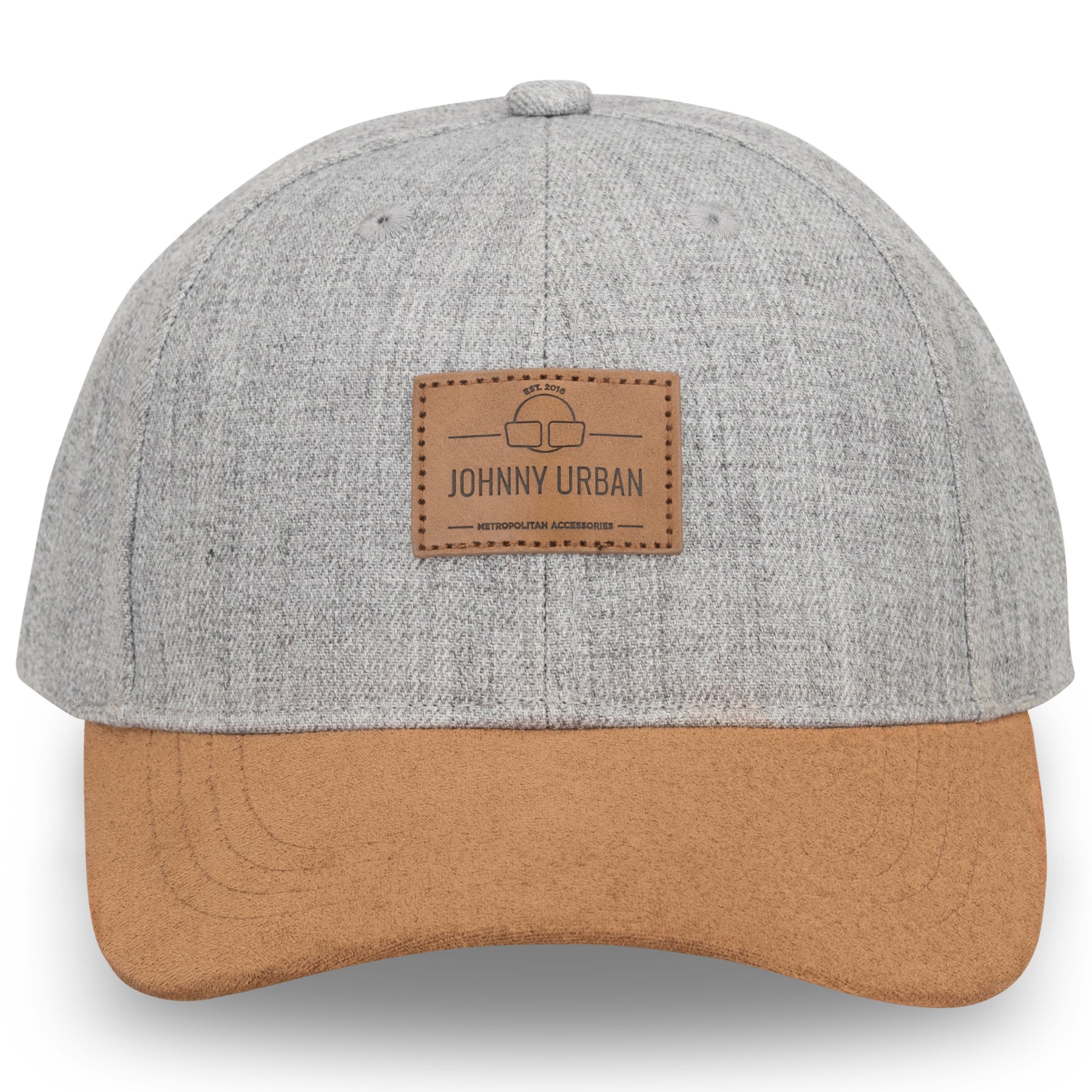 Grau-braune Johnny Urban Cap 'Dean' mit gebogenem Schirm und braunem Lederetikett auf der Vorderseite