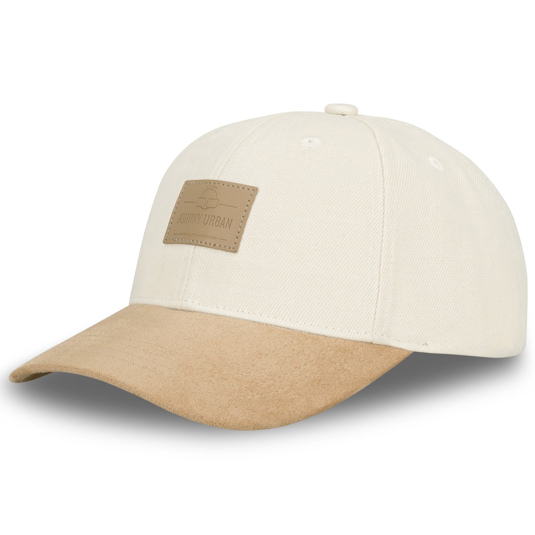 Beige Johnny Urban Cap 'Dean' mit gebogenem Schirm und Leder-Patch vorne