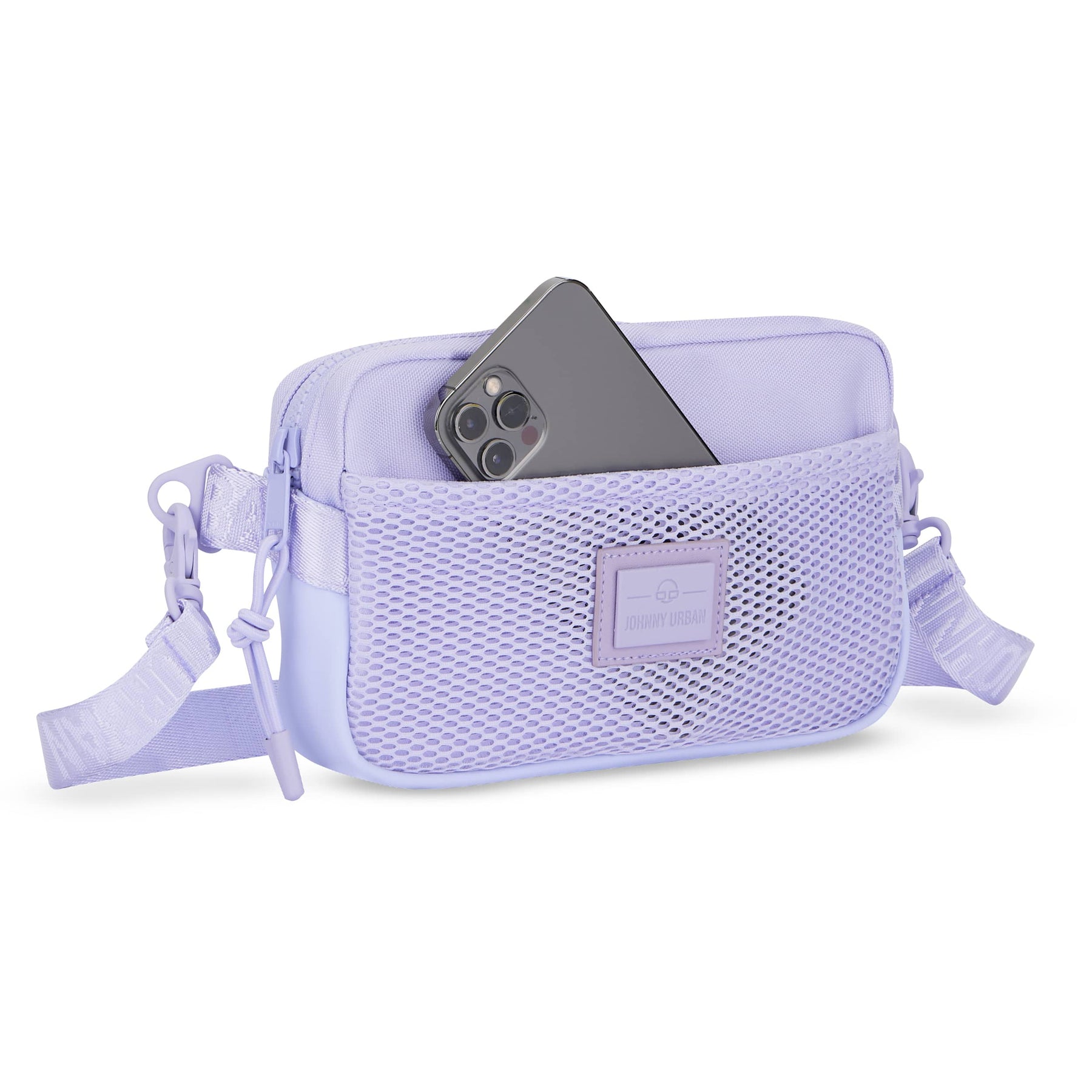 Umhängetasche 'Elliot' von Johnny Urban in lila mit Vorderfach aus Netz und Smartphone