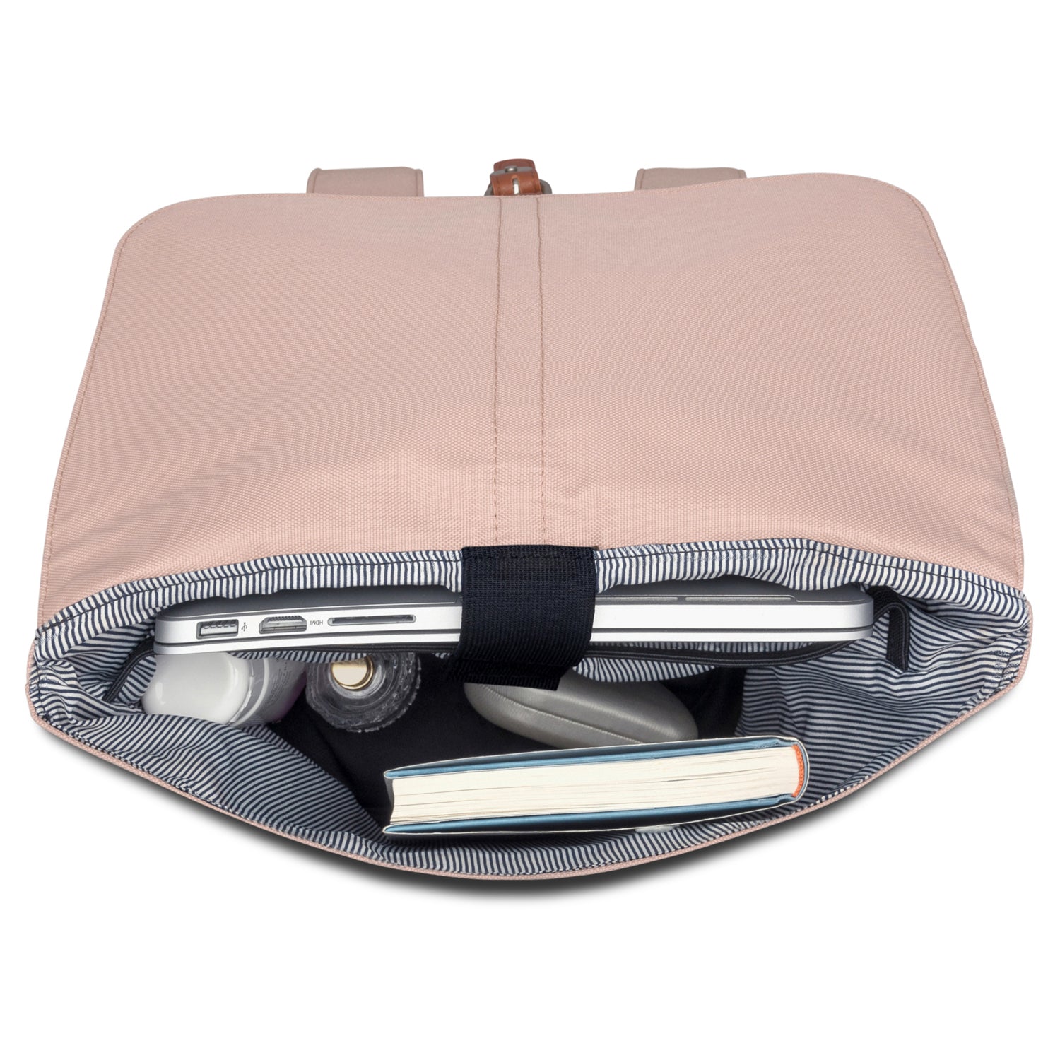 Damen-Rucksack 'Mia' in Rosa geöffnet mit Laptop, Buch und weiteren Arbeitsutensilien