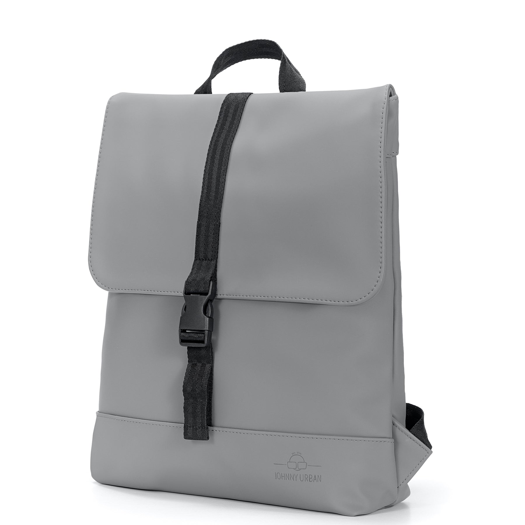 Damen-Rucksack Ruby in Grau mit schwarzem Riemen und Schnalle, rechteckige Form aus glattem Material