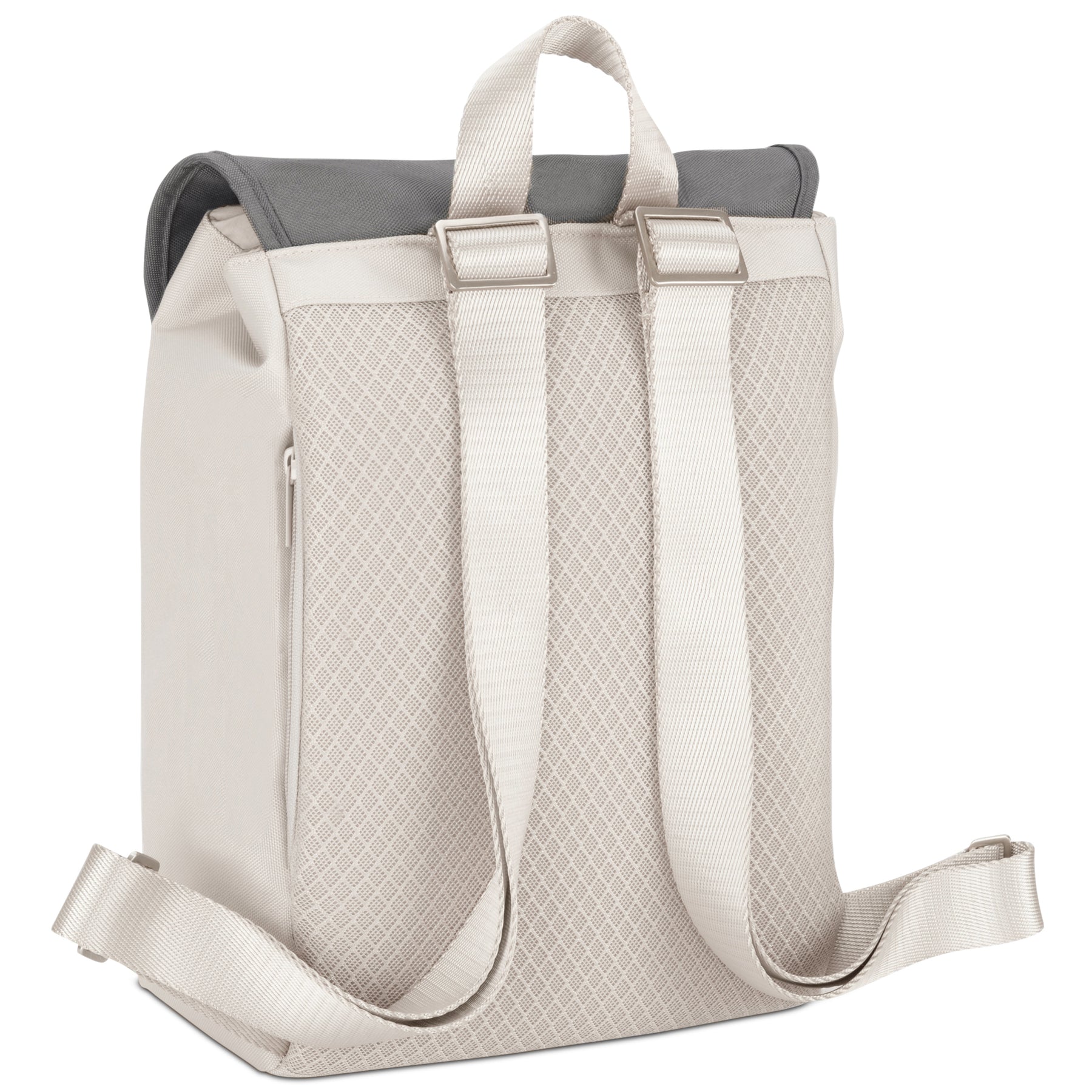 Beiger Damen-Rucksack 'Romy' mit gepolstertem Rücken und verstellbaren Schultergurten, grauer Klappenverschluss